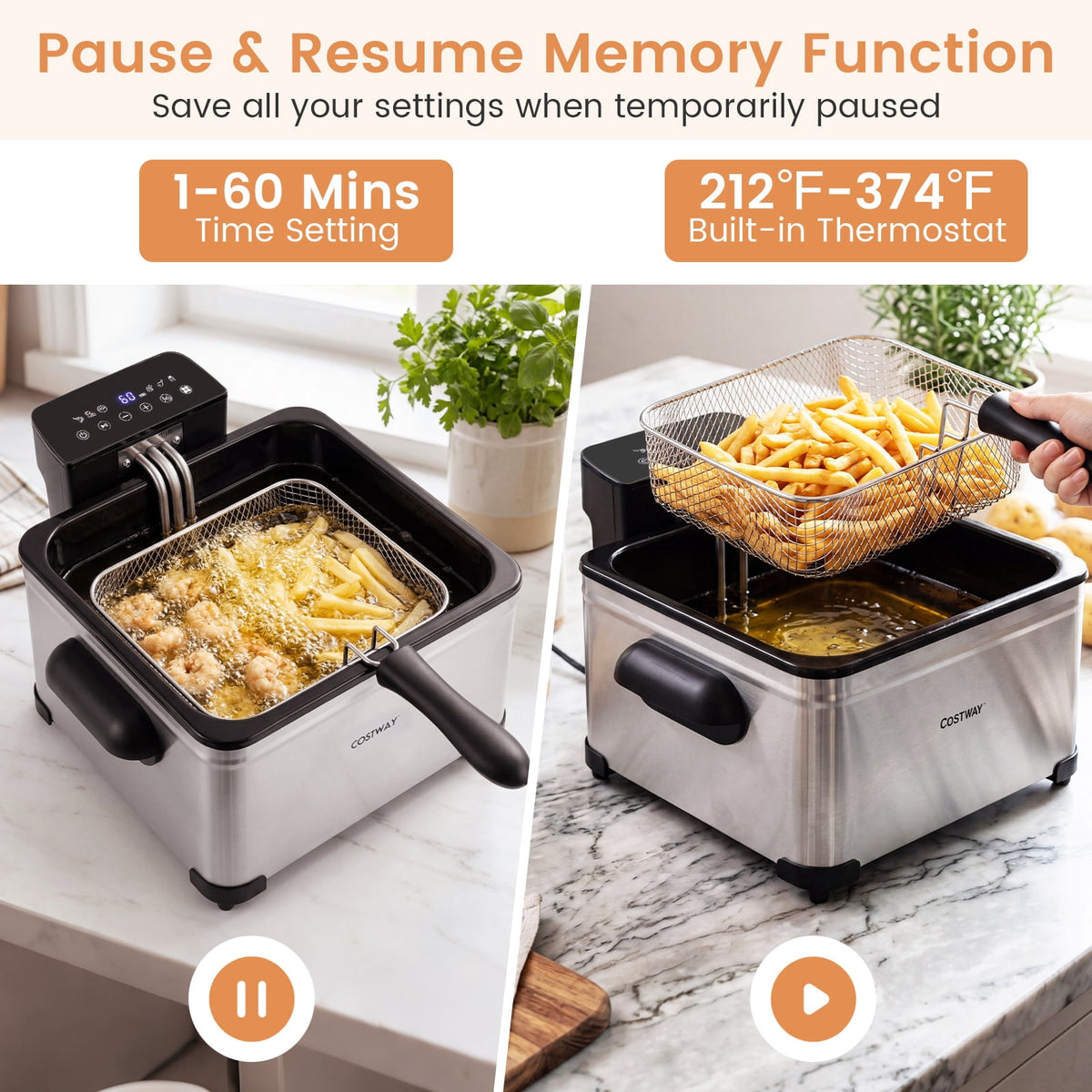 Costway Electric Deep Fryer 5.3 QT/21-Cup Stainless Steel 1700W with Triple Basket Silver