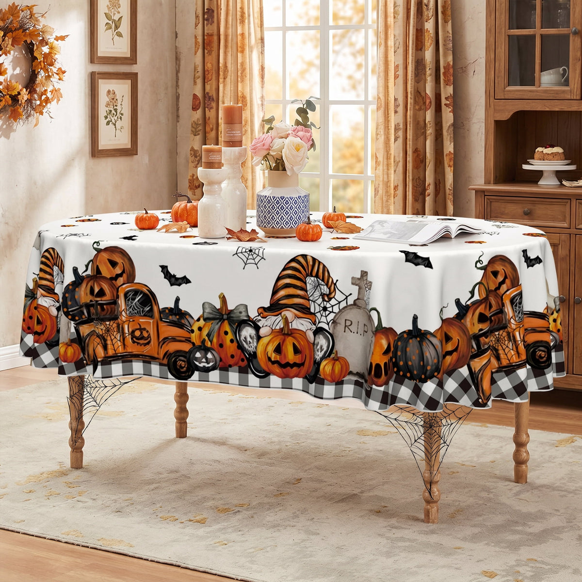 Sm:)e Truck Jack O Lantern Pumpkin Bat Buffalo Plaid Halloween Tablecloth 60 x 84 Inch, Wrinkle-Resistant Table Cover for Dining Decor, Rectangle
