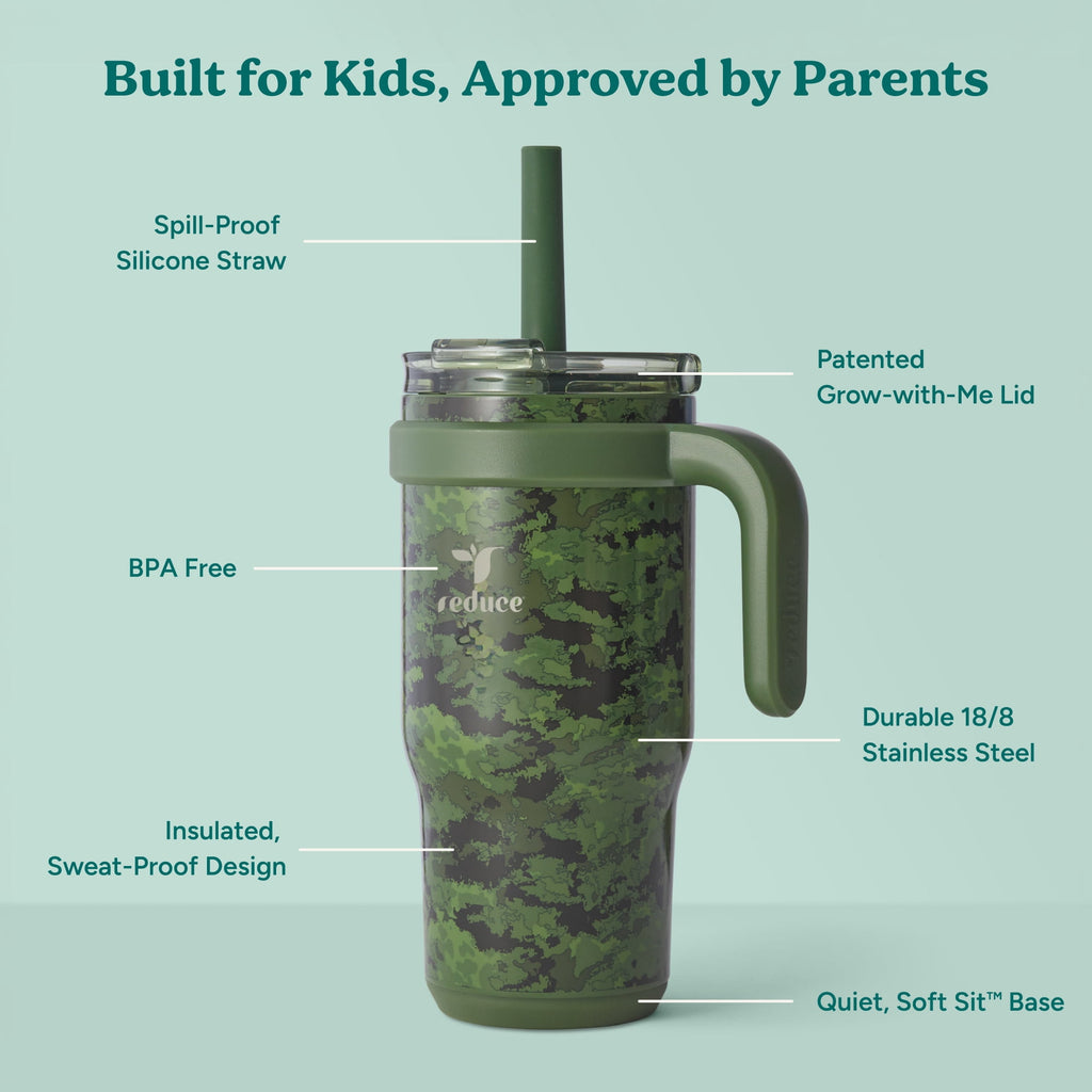 Reduce Coldee Kids Insulated Tumbler with Straw, 18oz Stainless Steel Spill-Proof Cup with Handle, Smiles