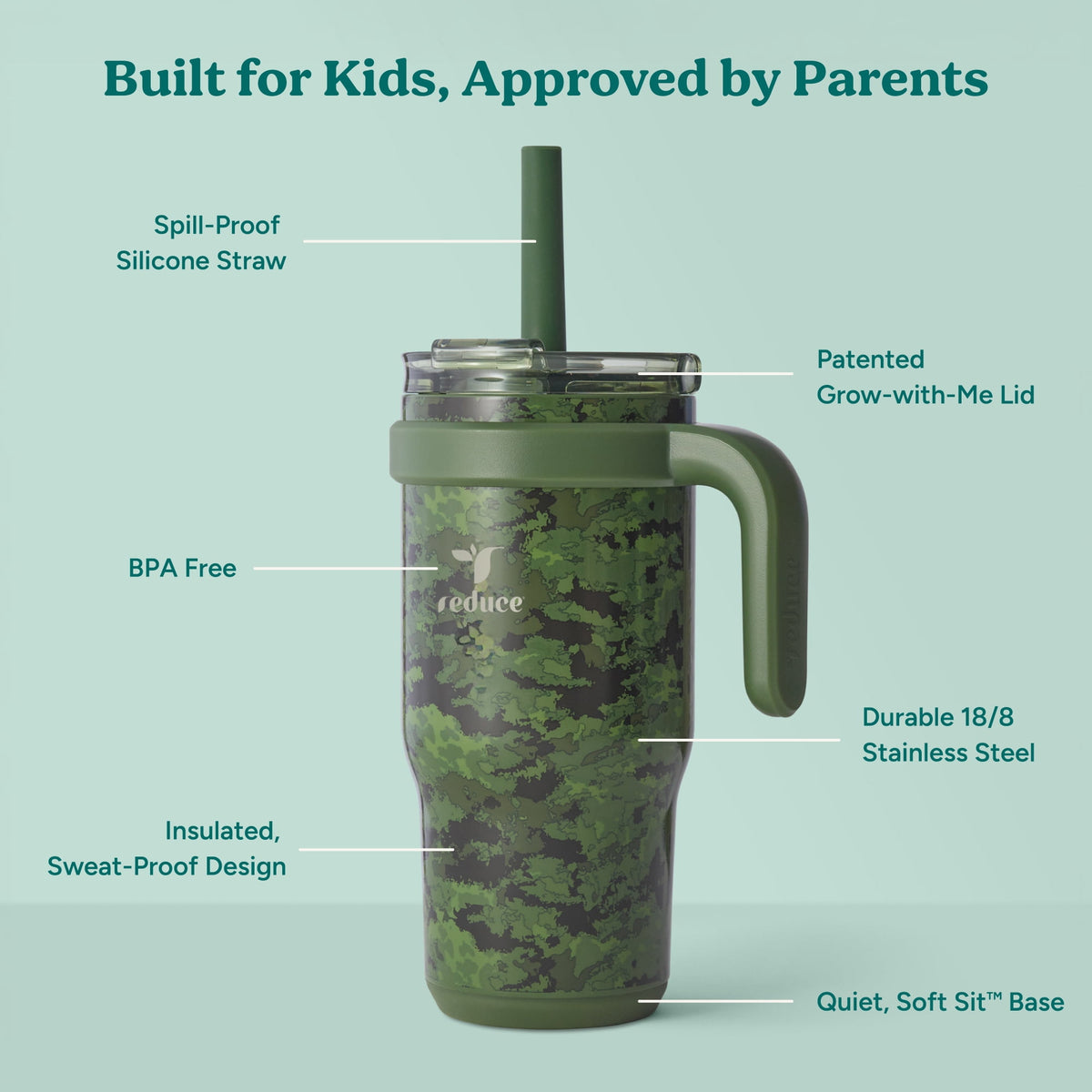 Reduce Coldee Kids Insulated Tumbler with Straw, 18oz Stainless Steel Spill-Proof Cup with Handle, Smiles