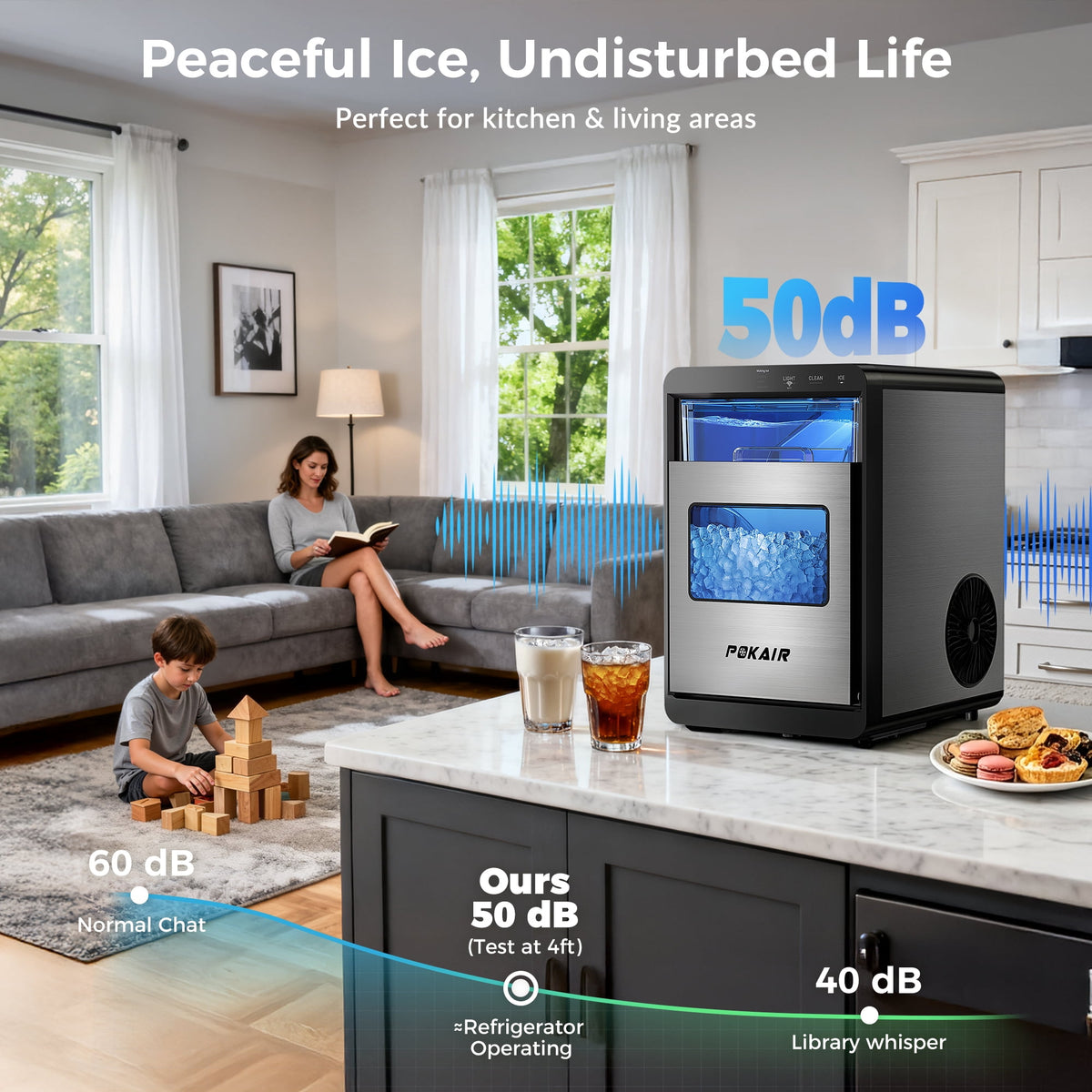 POKAIR Smart Nugget Ice Maker Countertop, Wi-Fi App Controlled Portable Ice Maker 44lbs/Day, Soft Chewable Pebble Ice in 9 Minutes, Self-Cleaning, Stainless Steel Ice Machine for Home & RVs