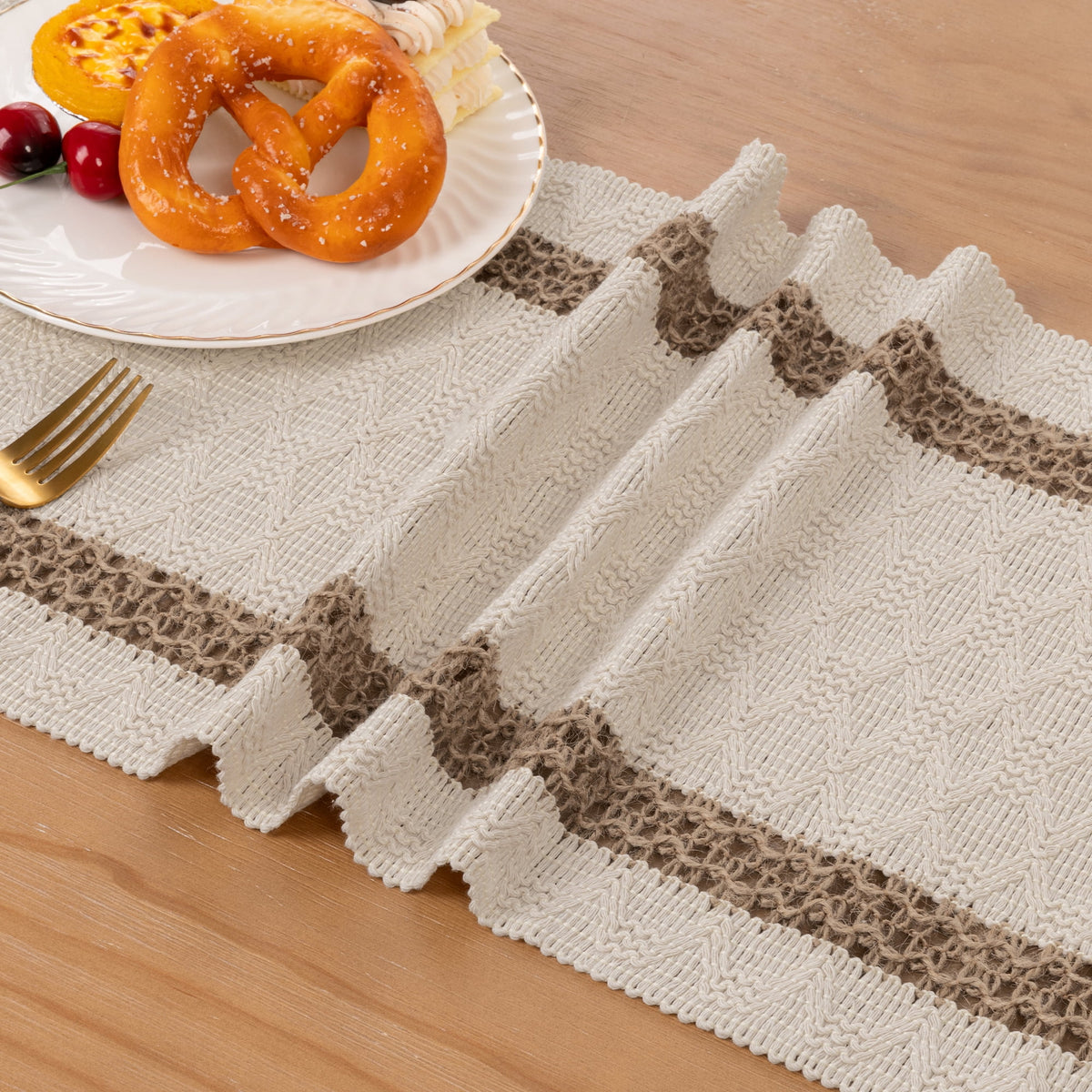 MeyJey Table Runner and Placemats Set of 4, Washable Fabric Rectangle Dining Table Mats with Tassels for Dining Tables, Kitchen, Red/Beige