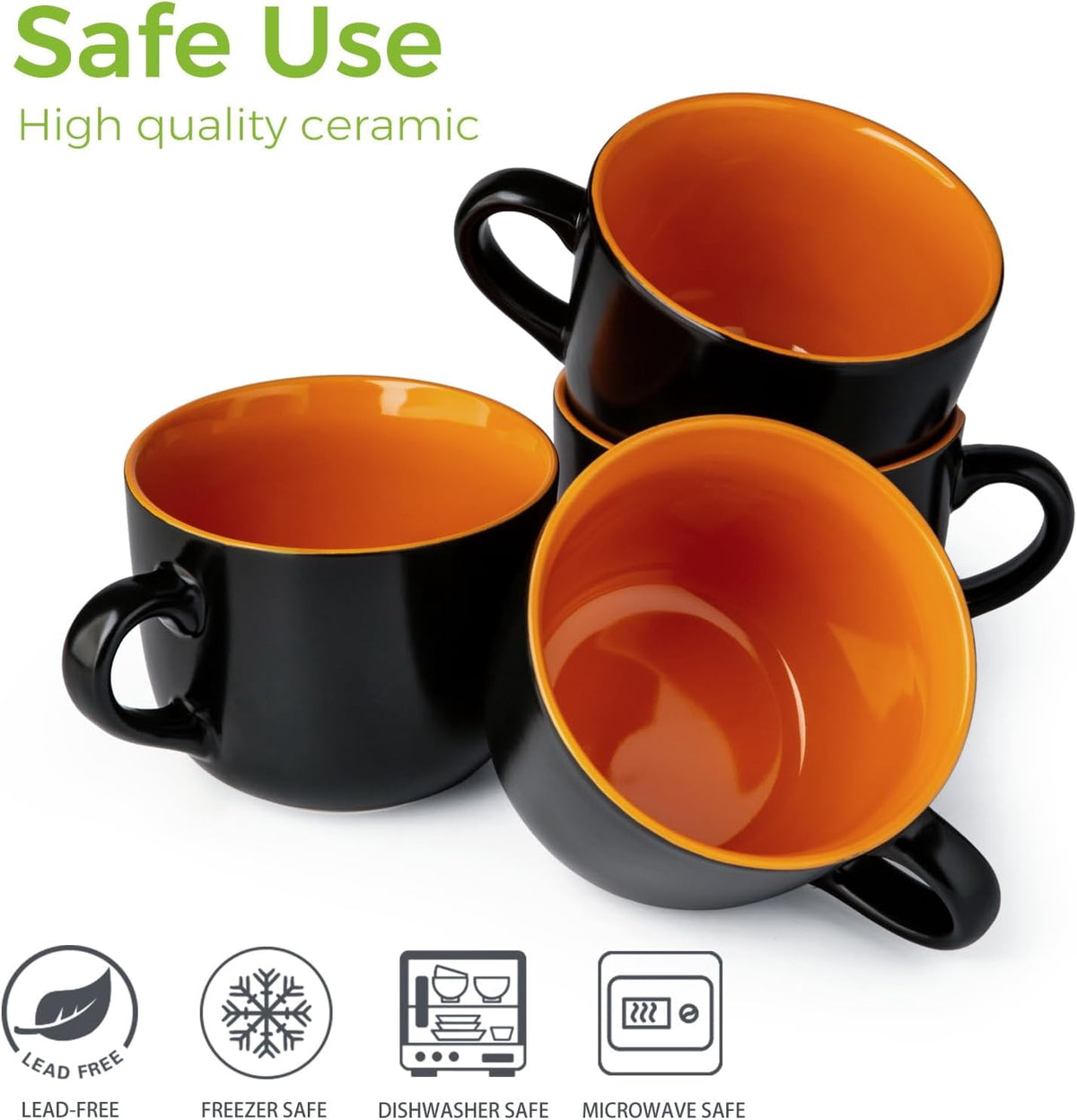 AmorArc Ceramic Soup Mugs with Lid, 24 oz Soup Cups with Hanlde for Coffee,Cereal,Salad,Noodles,Tea,Soup Bowls Cups,Microwave &Dishwasher Safe, Set of 4, Blue with Vented lid