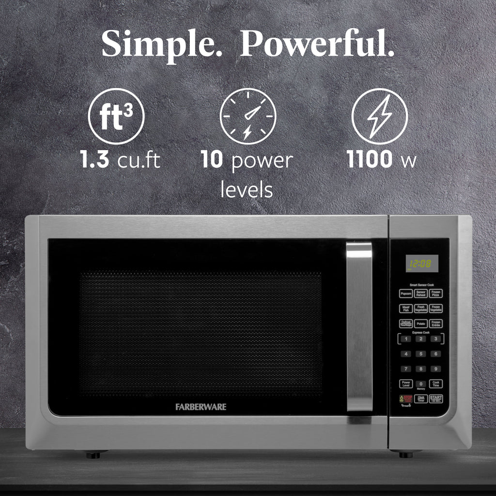 Farberware 1.1 cu ft Microwave Oven, 1000W Professional Countertop Microwave Oven, Stainless Steel