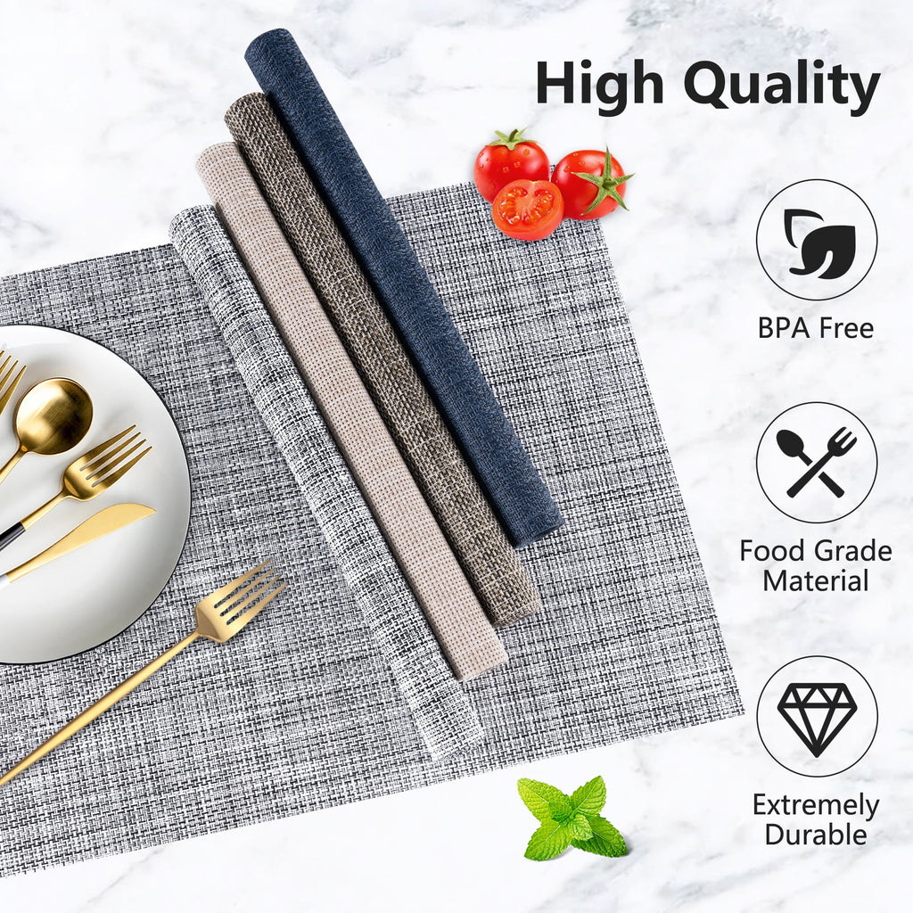 VCVCOO Navy Blue Placemats Set of 4 - Easy Clean Washable PVC Vinyl Placemats - Wipeable Heat Resistant Woven Table Mats for Dining Table - 12x18 inch