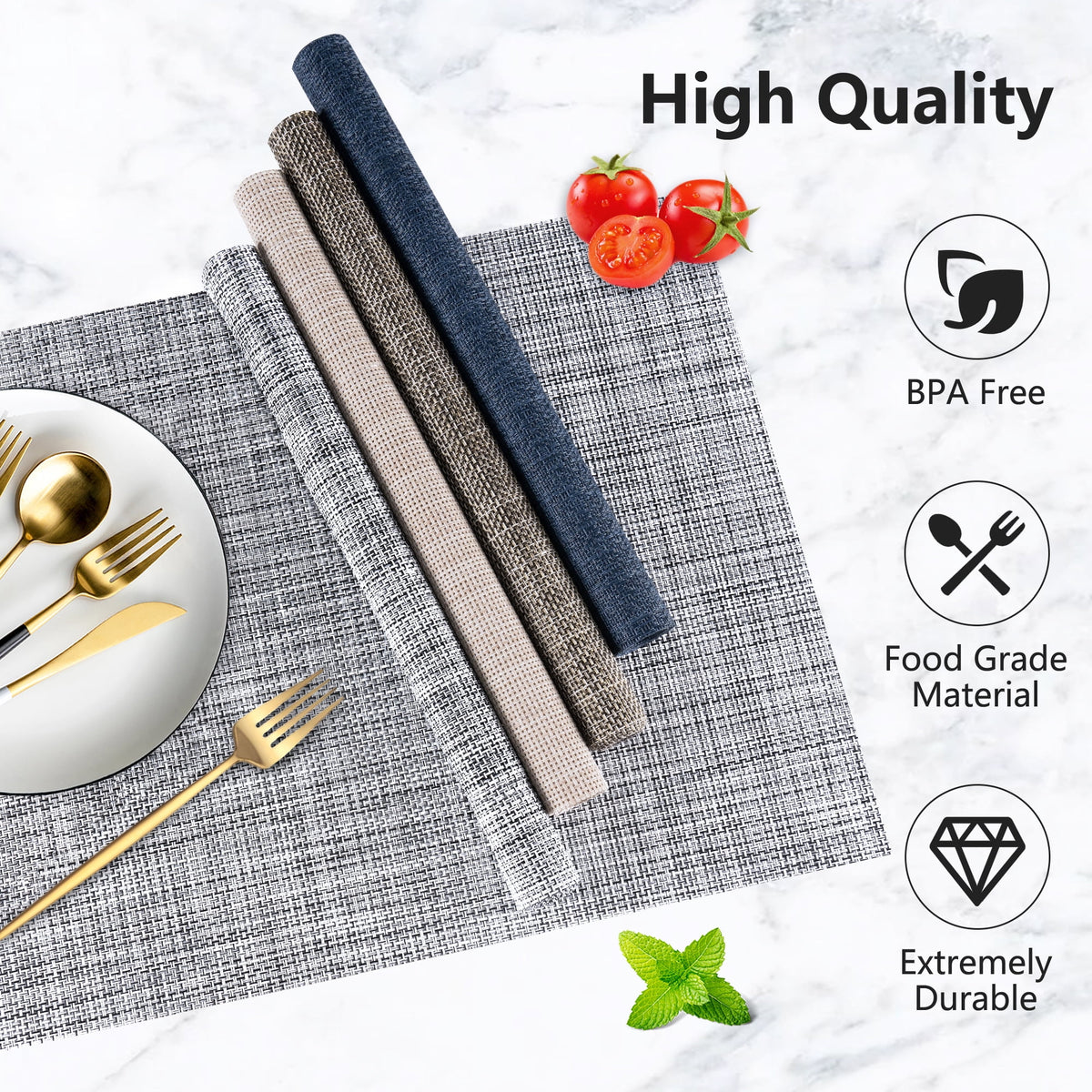 VCVCOO Navy Blue Placemats Set of 4 - Easy Clean Washable PVC Vinyl Placemats - Wipeable Heat Resistant Woven Table Mats for Dining Table - 12x18 inch