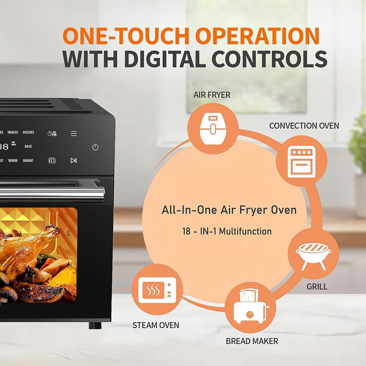 Kitchen in the Box 32QT Digital Air Fryer Toaster Oven Combo, 21-in-1 Convection Oven with Rotisserie & Dehydrate, Family-Size Countertop Oven with 6 Accessories, 1800W, Black