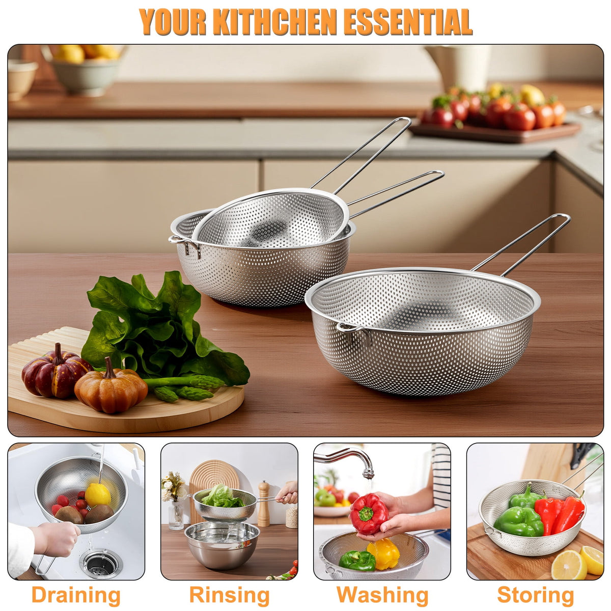 VeSteel Colander Set of 3, Stainless Steel Micro-Perforated Colanders Strainers for Draining Rinsing Washing, Ideal for Pasta Vegetables Fruits, Heavy Duty & Dishwasher Safe - 1/3/5 Quart