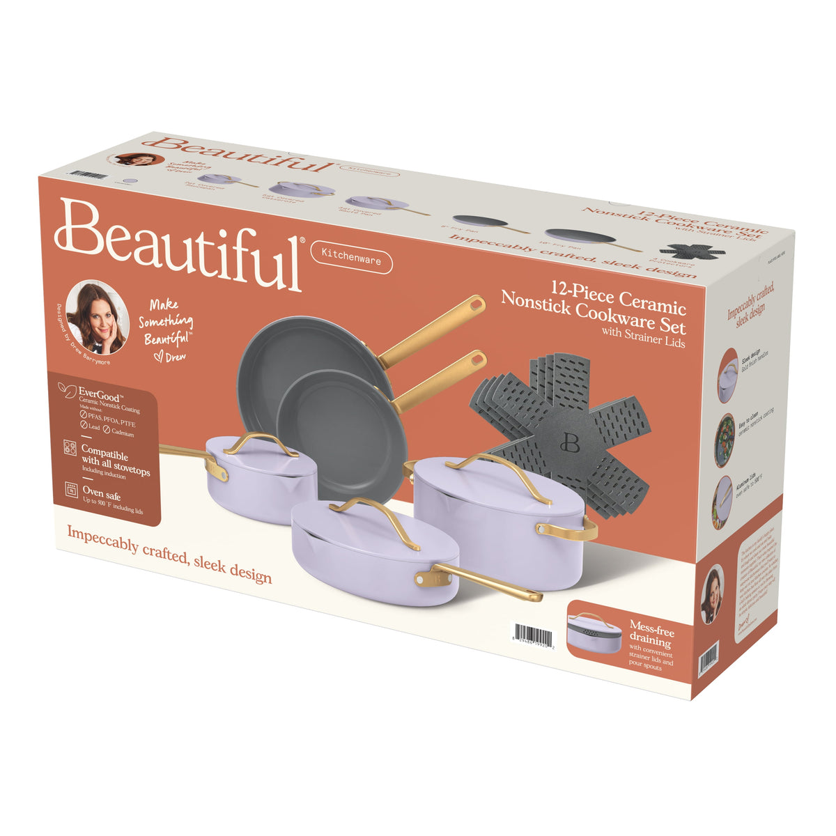 Beautiful 12-Piece Cookware Set, Pots and Pans with Strainer Lids and EverGood Ceramic Nonstick Coating, White Icing by Drew Barrymore
