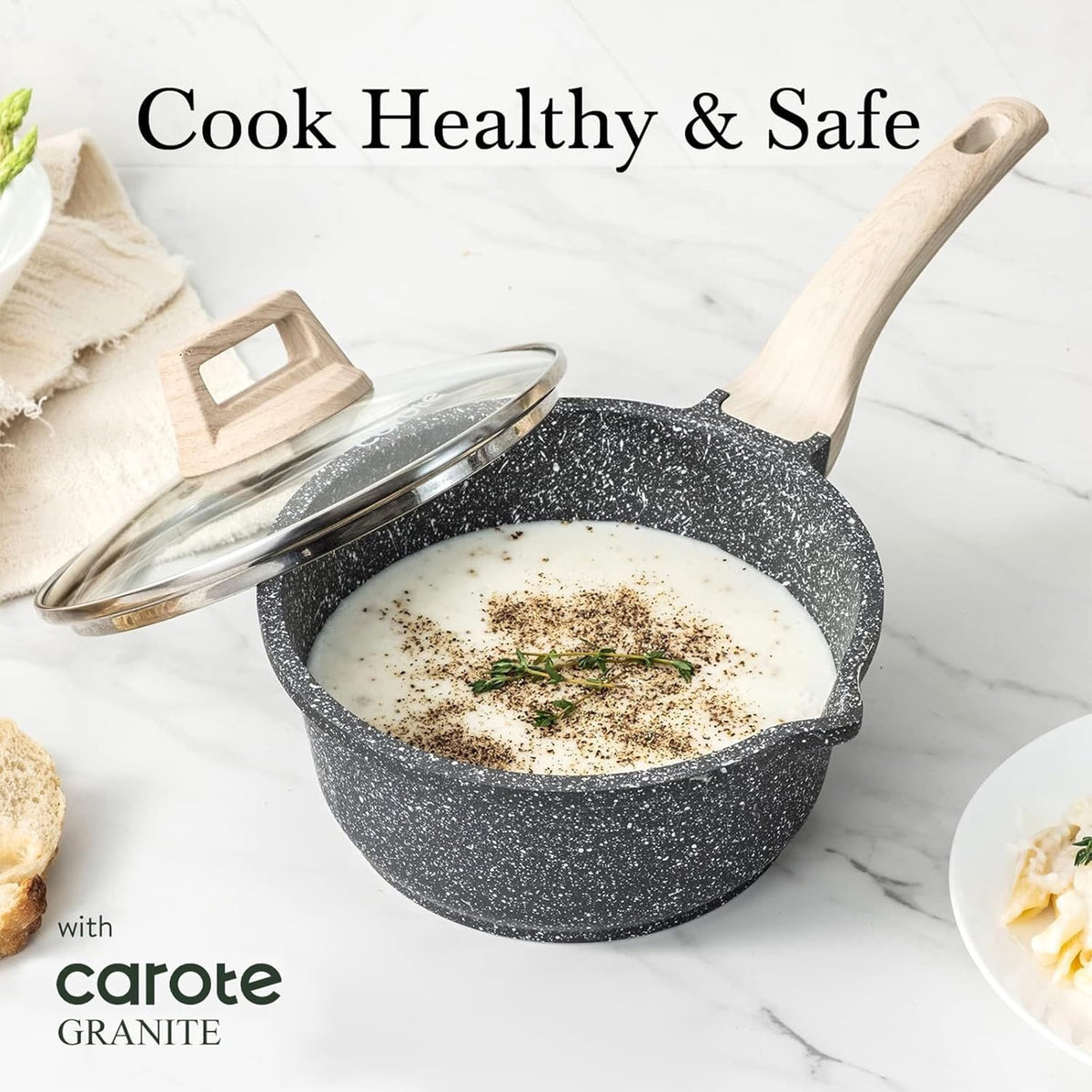 CAROTE 6-Piece Nonstick Saucepan Set with Lid, 1.5QT & 3QT Cooking Pots, Induction Compatible, White