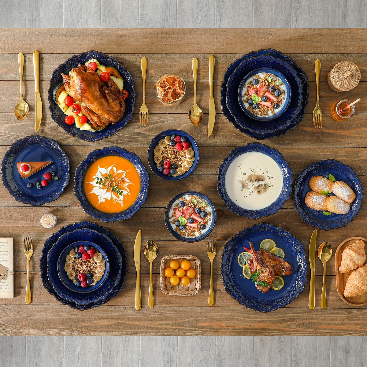 vancasso 16 pcs Dinnerware Sets, Plates and Bowls Set for 4, Stoneware Dinner Set, Blue