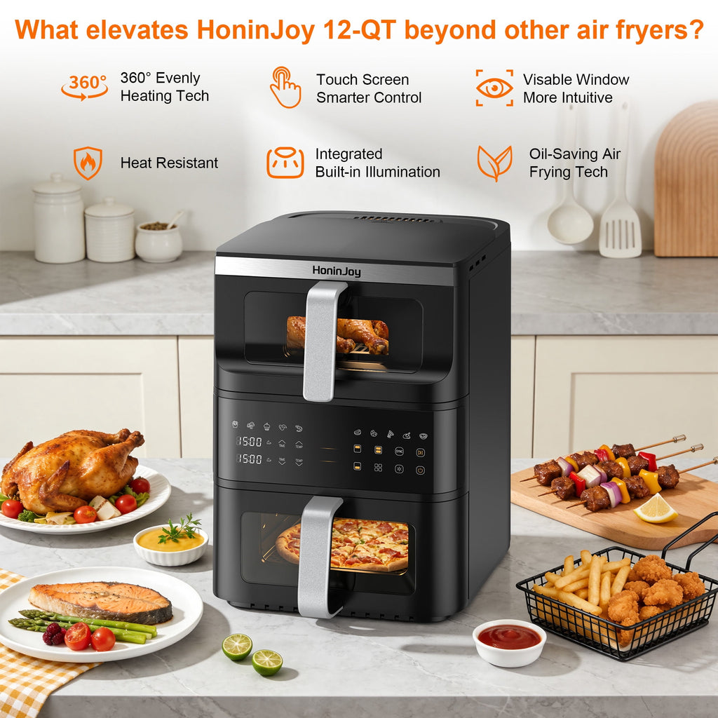 HoninJoy 13 QT Stack Double Basket Air Fryer, Space Saving Design, 10-in1 Air Fryer, Roast, Bake & More, Easy to Clean, Dishwasher Safe Parts