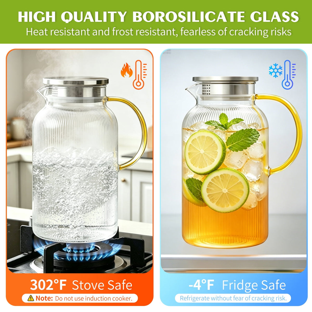 TINANA 68 oz Glass Pitcher with Lid, 2L Borosilicate Water Carafe, Stainless Steel Filter Lid, Iced Tea Lemonade Juice Milk Beverage Jug