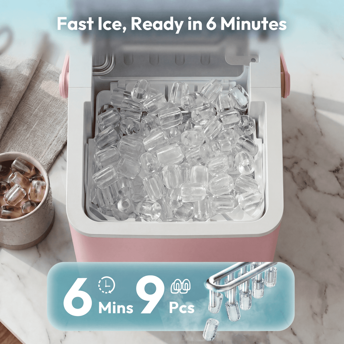 EUHOMY Countertop Ice Maker with Handle, 26 lbs/Day Portable Ice Machine, 9 Bullet Cubes in 6 Minutes, 2 Ice Sizes, Self-Cleaning, 1.1L Water Tank, Black