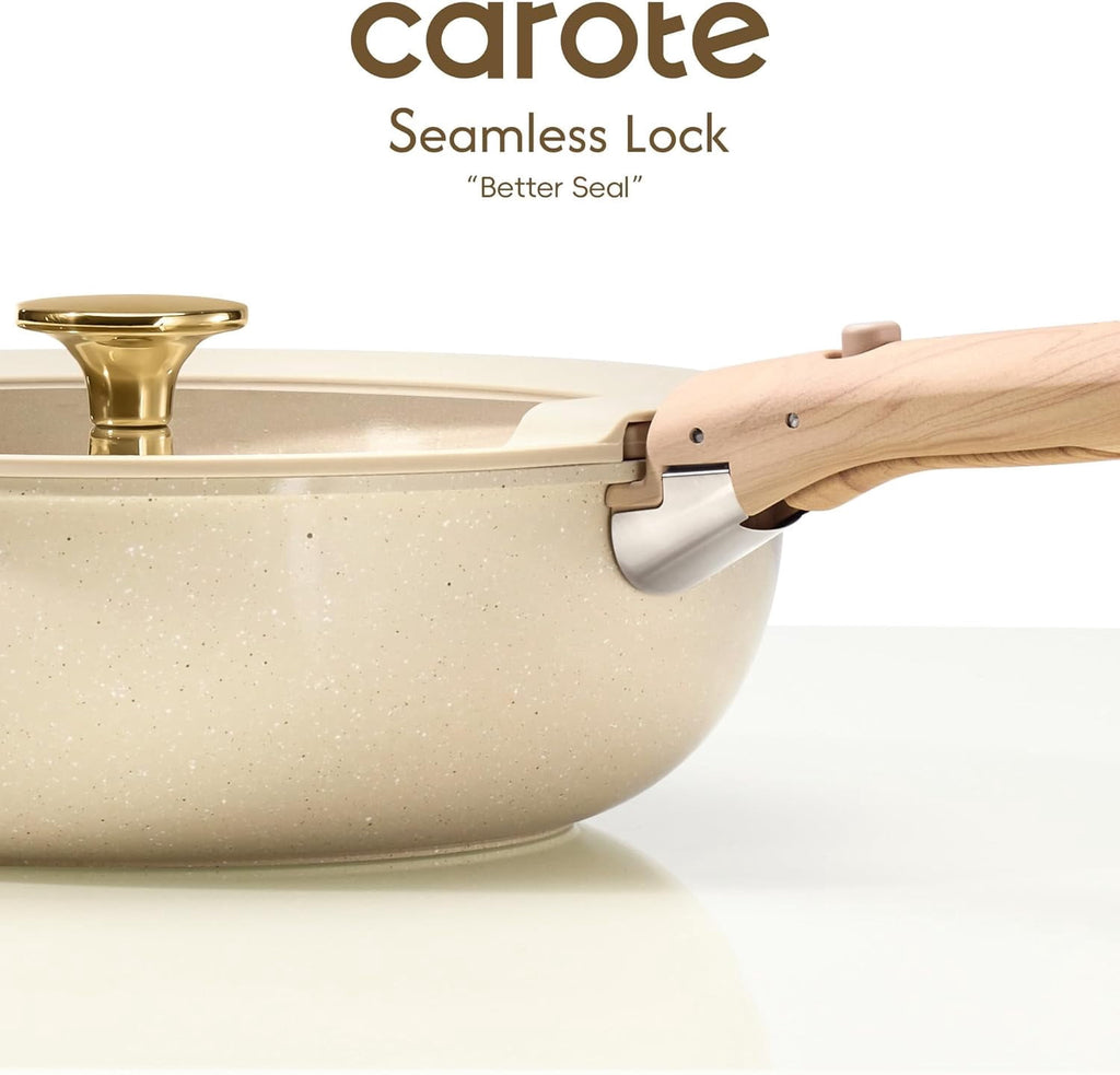 CAROTE 19-Piece Ceramic Pots and Pans Set, Nonstick Cookware Set with Lids, Induction Compatible, Oatmeal
