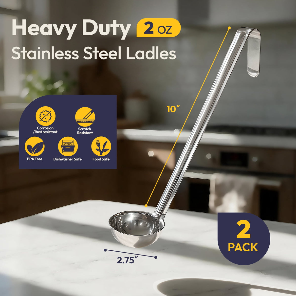 [2 Pack] 6 Oz Stainless Steel Soup Ladle - One-Piece Sauce Spatula with Hook Handles, Commercial Grade Serving Spoon, Kitchen Tool for Restaurant or Home Cooking, Mirror Finish, 14.25" Long