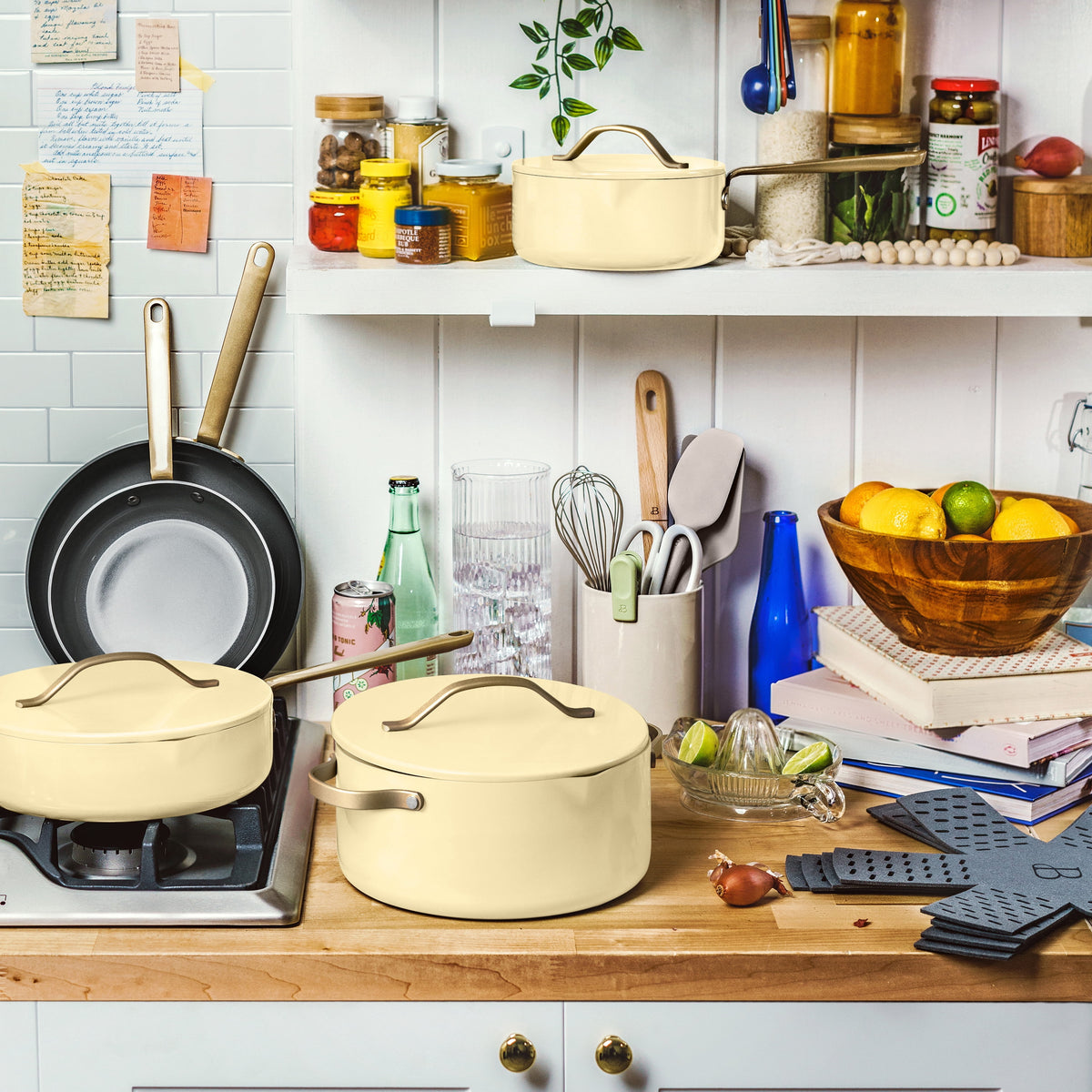 Beautiful 12-Piece Cookware Set, Pots and Pans with Strainer Lids and EverGood Ceramic Nonstick Coating, White Icing by Drew Barrymore