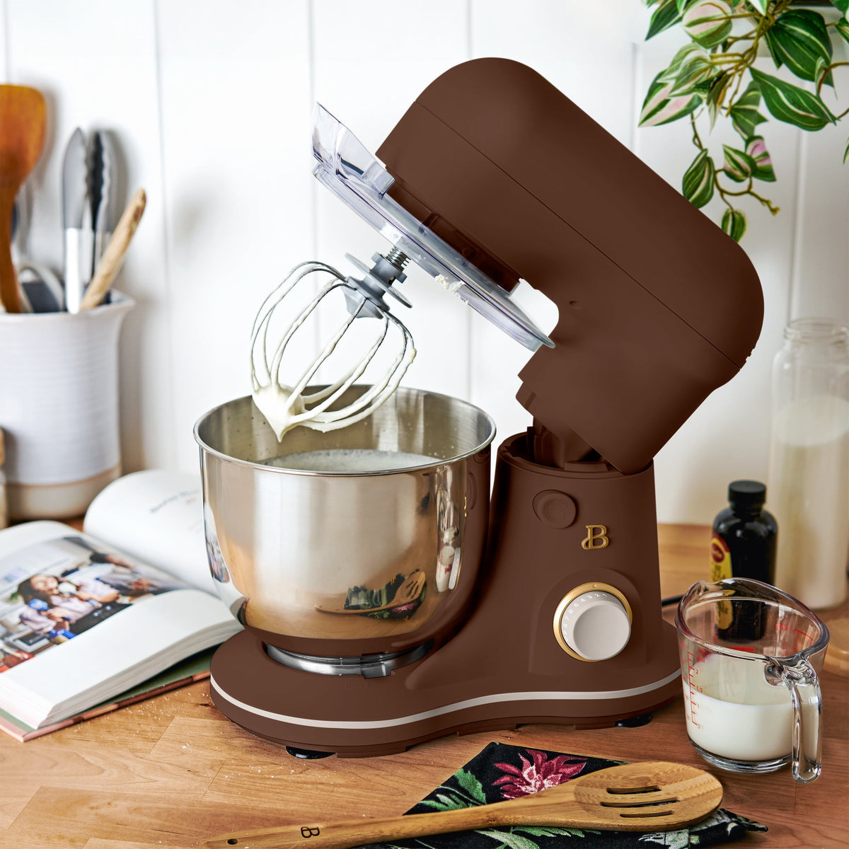 Beautiful 3.5 Qt Stand Mixer with Flat Beater, Dough Hook, Balloon Whisk, Chocolate by Drew Barrymore