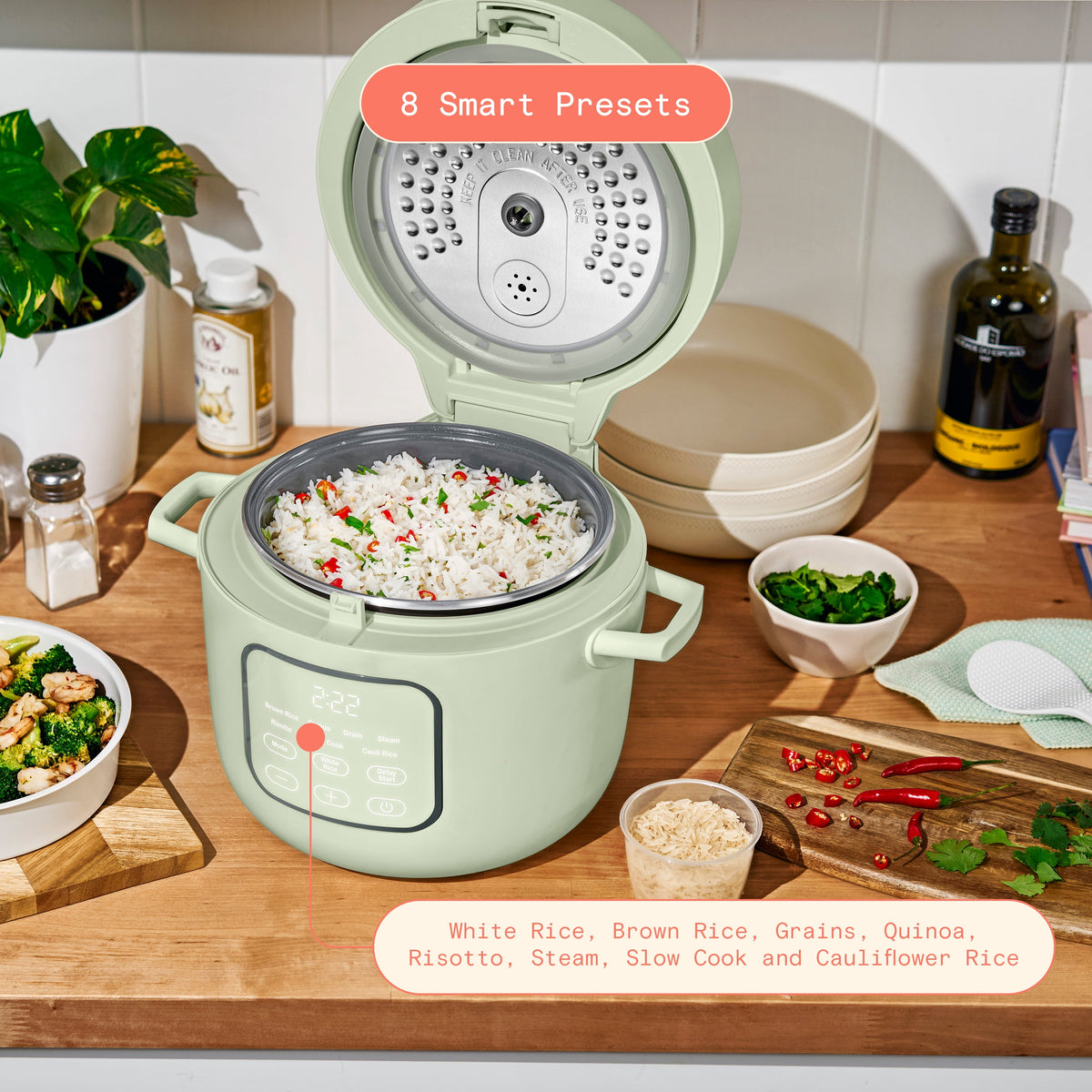 Beautiful 14-Cup Cooked, 6-Cups Uncooked Electric Rice and Grain Cooker, EverGood Ceramic Nonstick Coating, Thyme Green by Drew Barrymore