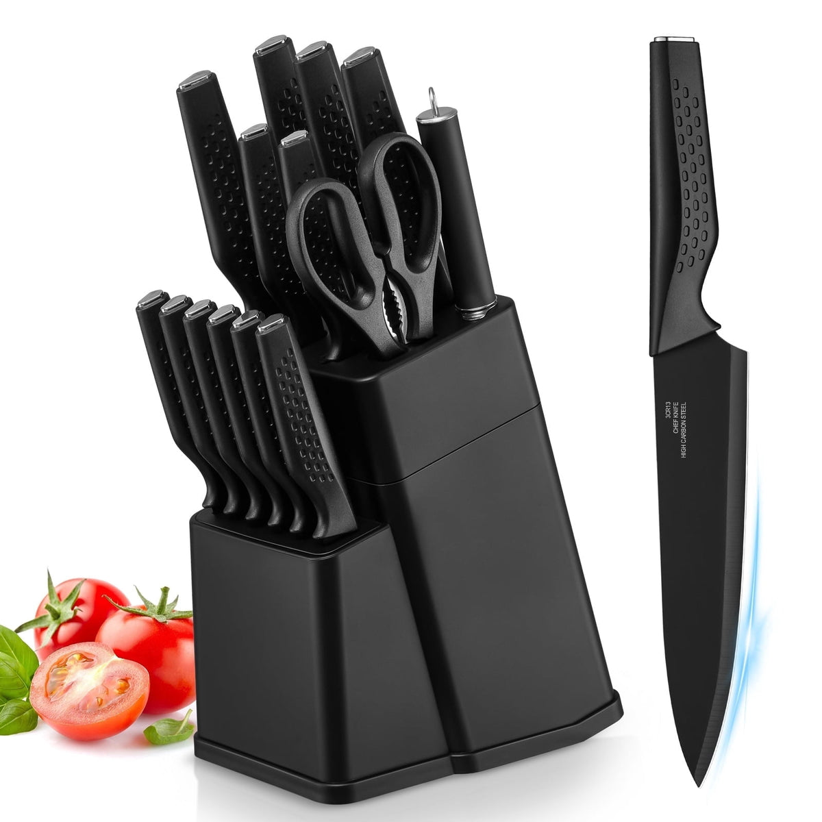 Vesteel Knife Block Set for Kitchen, 15-Piece High Carbon Stainless Steel Knives Set with Ergonomic Handle, Ultra-sharp & Rust Resistant, Walnut Brown