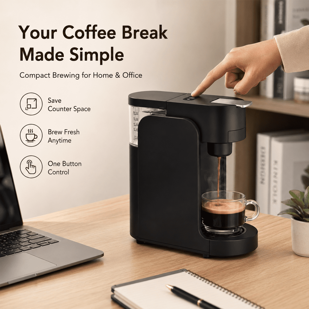 Icreopro Single Serve Coffee Maker, 2-in-1 Pod and Ground Coffee Brewer with Reusable Filter, 14 oz Water Reservoir, Fast Heat-Up, Black
