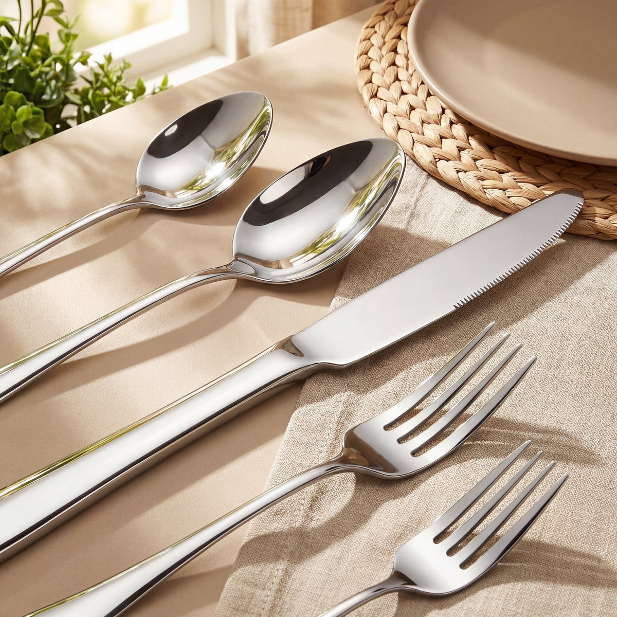 Kikcoin Silverware Set for 8, 49 Pcs Stainless Steel Flatware Set, Mirror Polished Tableware Cutlery for Home, Restaurant, Dishwasher Safe