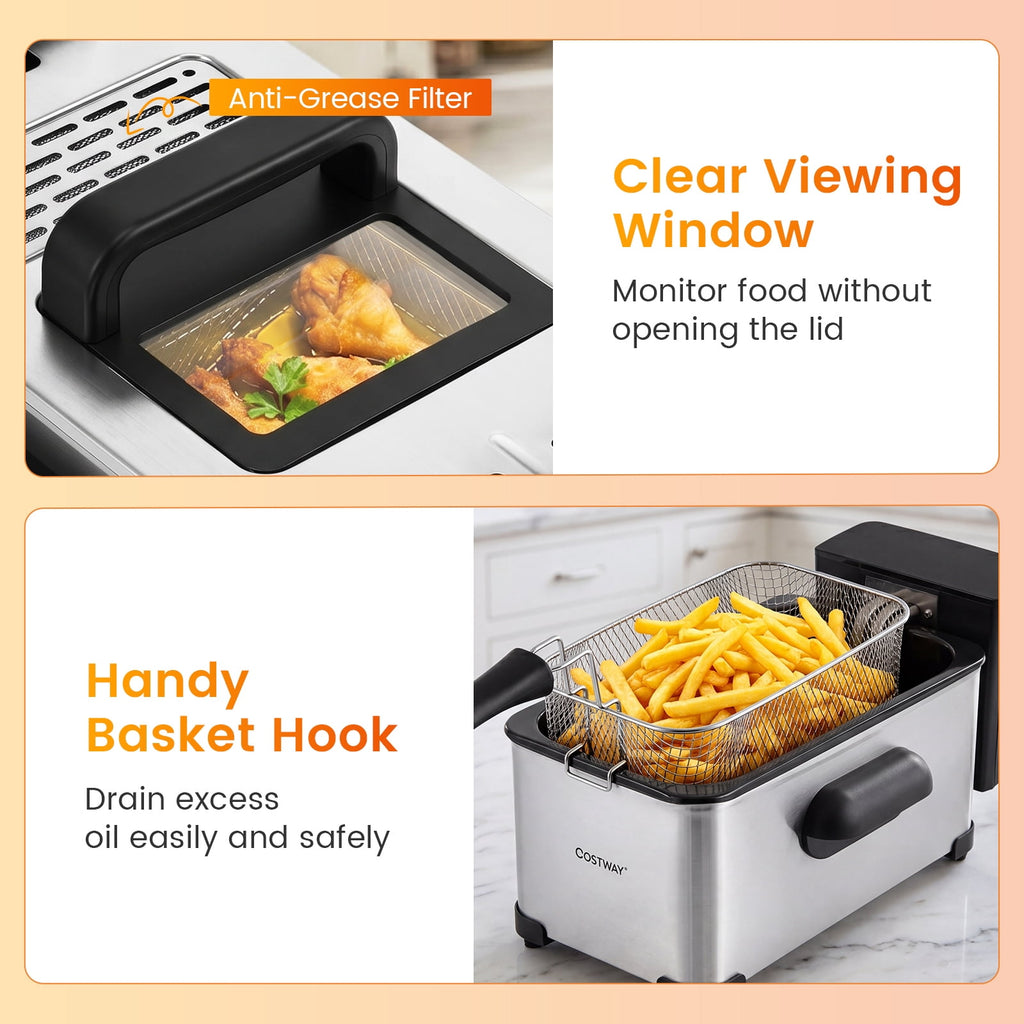 Costway Electric Deep Fryer 3.2 QT/12-Cup Stainless Steel 1700W with Frying Basket Silver