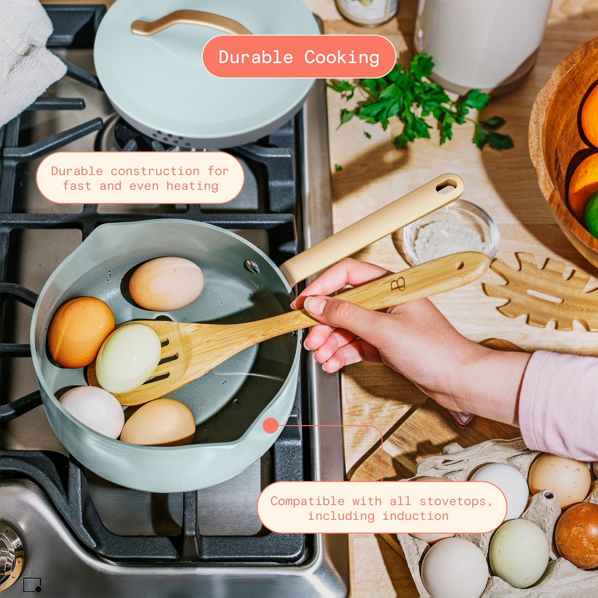 Beautiful 12-Piece Cookware Set, Pots and Pans with Strainer Lids and EverGood Ceramic Nonstick Coating, White Icing by Drew Barrymore