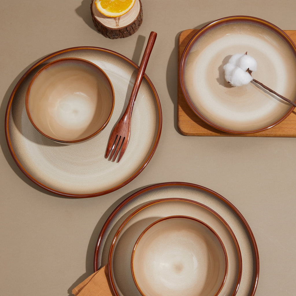 Pokini 12-Piece Stoneware Dinnerware Sets, Plates and Bowls Dish Sets for 4, Brown Green