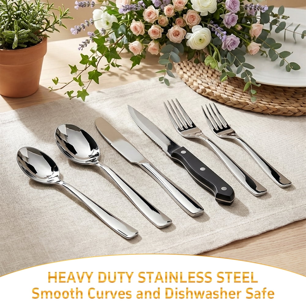 49-Piece Silverware Set with Flatware Drawer Organizer, Durable Stainless Steel Cutlery Set for 8, Mirror Polished Kitchen Utensils Tableware Service with Steak Knives Dinner Fork Knife Spoon & Tray