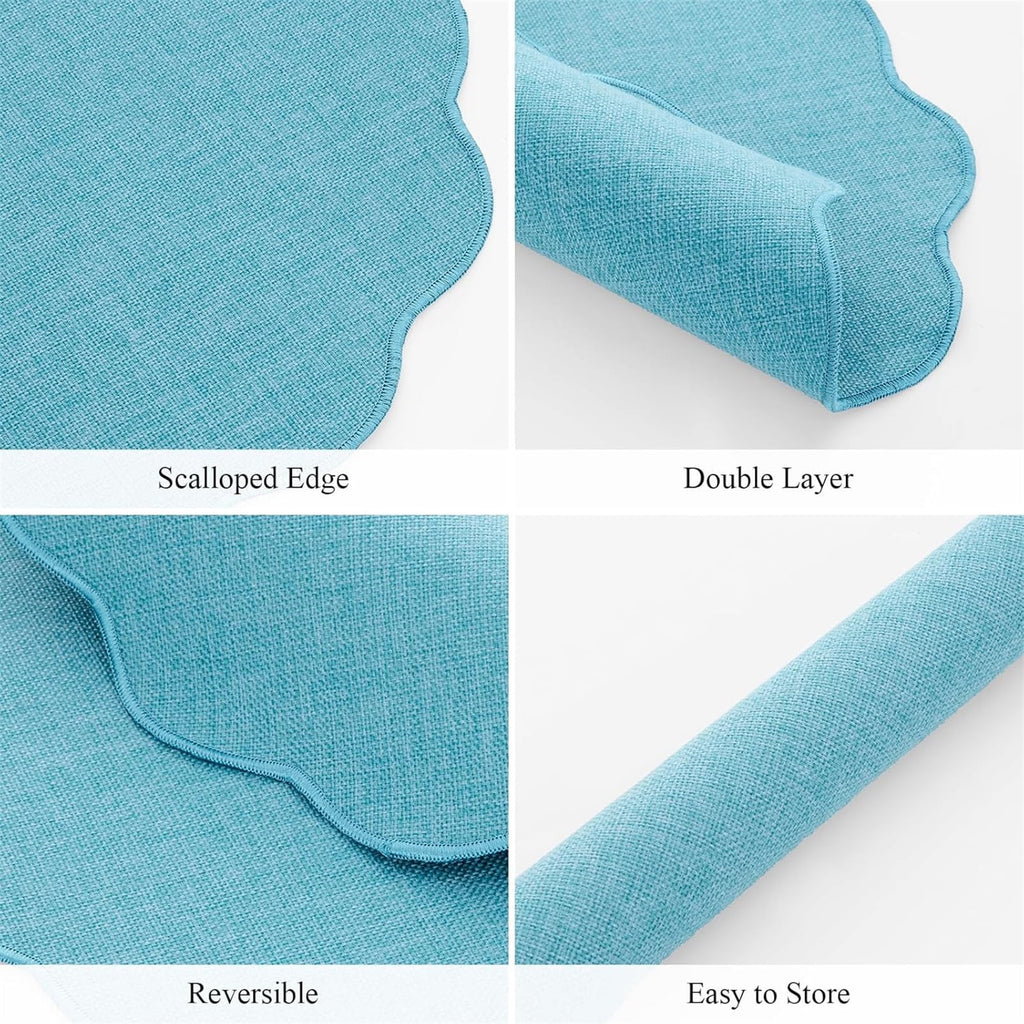 Ileading Scalloped Round Placemats Set of 6 Polyester Linen Blend Washable Non Slip Place Mats Easy Clean Heat Resistant Table Mats for Kitchen Dining Table Decor
