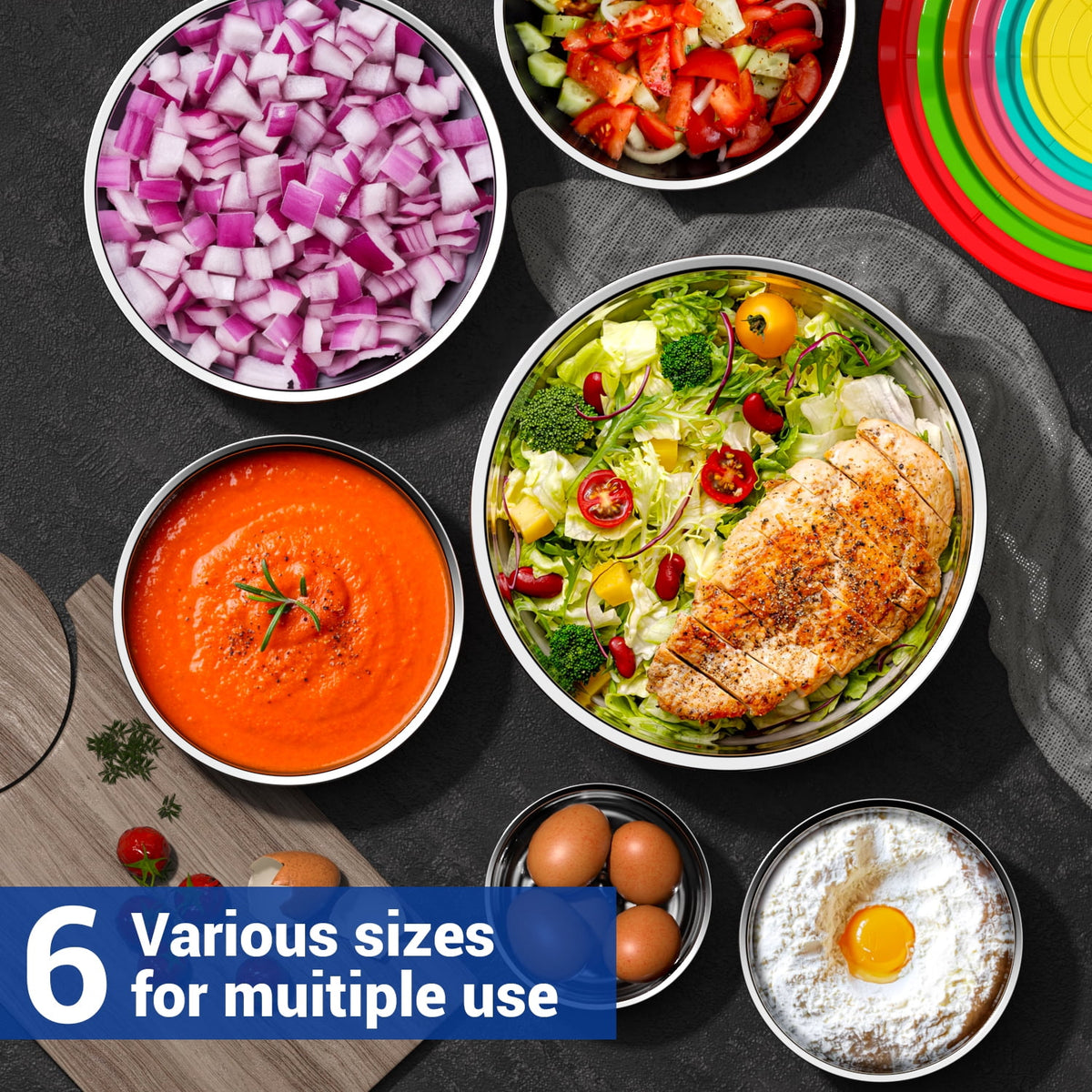 Stainless Steel Mixing Bowls Set, TINANA 6 Pack Mixing Bowls with Lids, Metal Nesting Storage Bowls for Kitchen, 4.5/3/2.5/2/1.5/0.75QT, Great for Prep, Baking, Serving, Multicolor