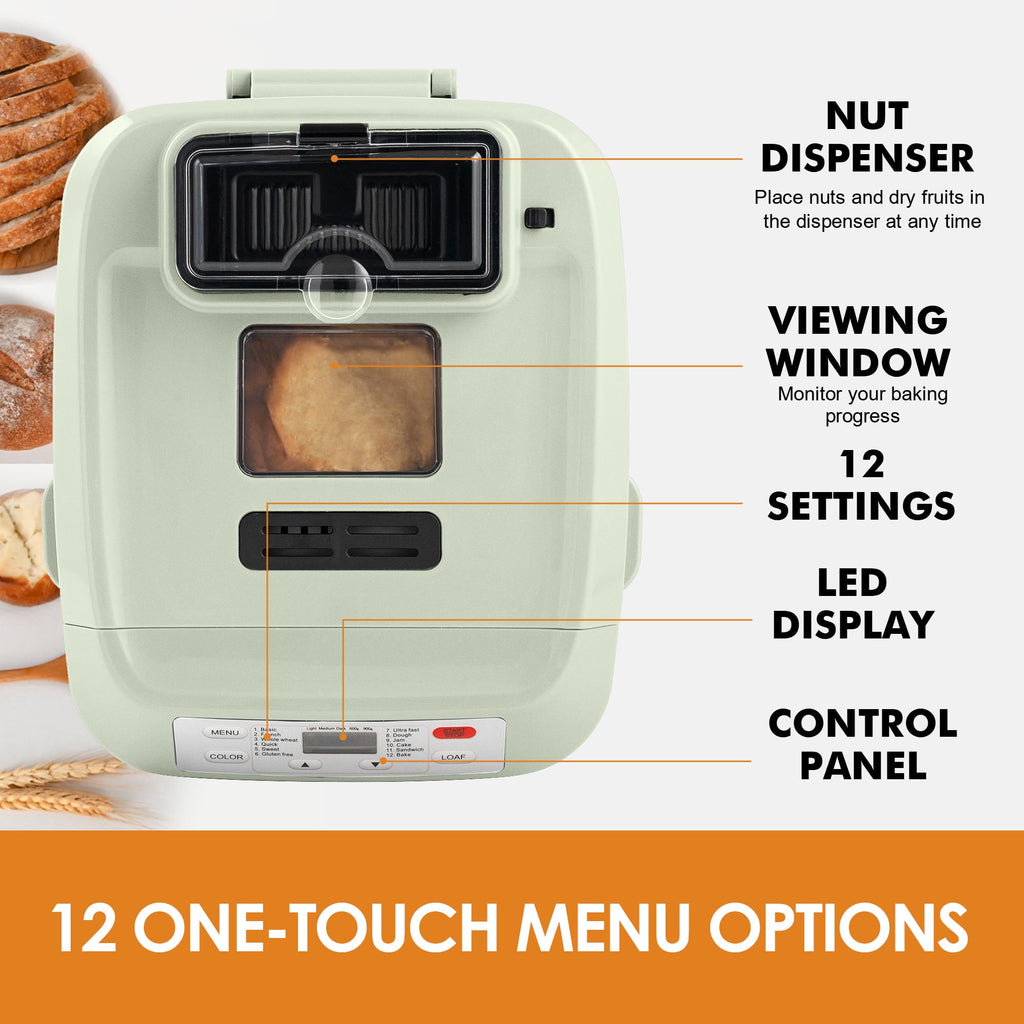 Kitchen in the Box 2lb Bread Maker with Auto Fruit Nut Dispenser, 12-in-1 Gluten-Free Bread Machine, 13H Delay Timer, Nonstick Pan, Keep Warm, White