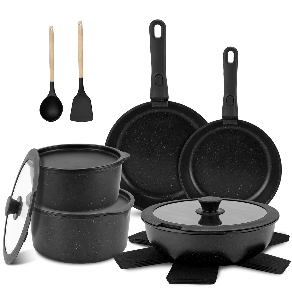 17 Piece Ceramic Pots and Pans Set Non Stick, Cookware Set with Detachable Handle, Oven Safe, Induction Ready, Stackable RV Kitchen Cooking Set Removable Handles, Cream White