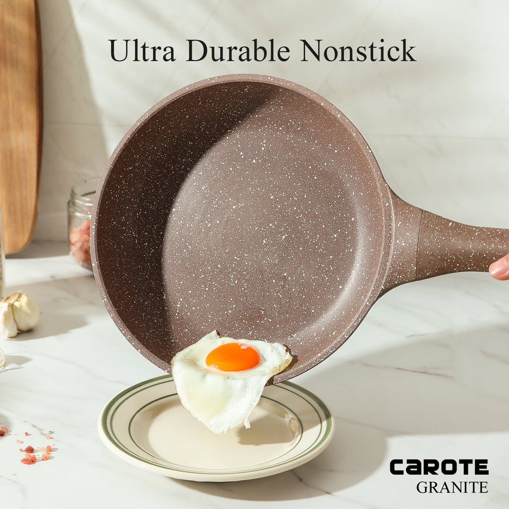 Carote 18-Piece Nonstick Pots and Pans, Granite Cookware Set with Kitchen Utensils, Brown