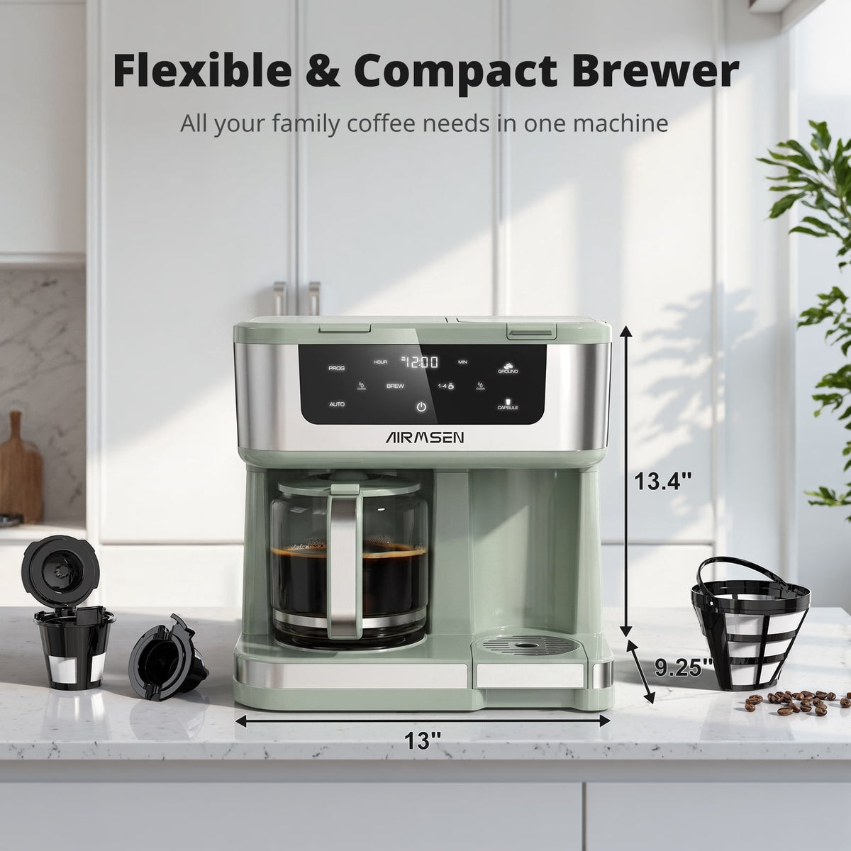 AIRMSEN 12-Cup Drip Coffee Maker with K Cup Combo, Programmable Coffee Machine with 1-4 Cup Setting, Single Serve or Coffee Pot, Auto Shut-off, Spill-Free Spout
