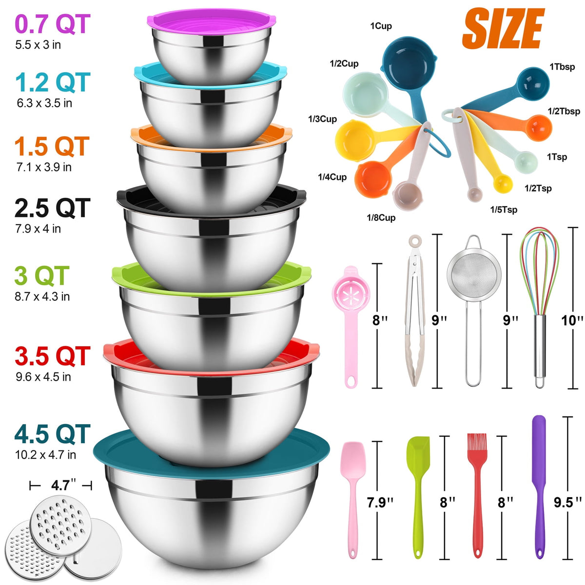 Mixing Bowls with Lids Set of 5, Vesteel Stainless Steel Mixing Bowls Metal Nesting Salad Bowls, Size 4.5, 3, 1.5, 1, 0.7 QT Great for Cooking, Baking, Serving - Multi-Color