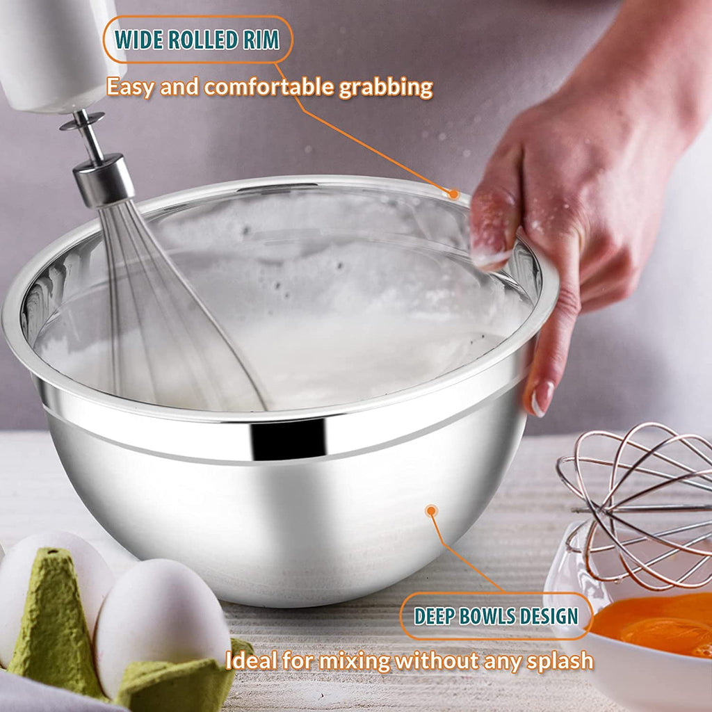 Mixing Bowls with Lids Set of 5, Vesteel Stainless Steel Mixing Bowls Metal Nesting Salad Bowls, Size 4.5, 3, 1.5, 1, 0.7 QT Great for Cooking, Baking, Serving - Multi-Color