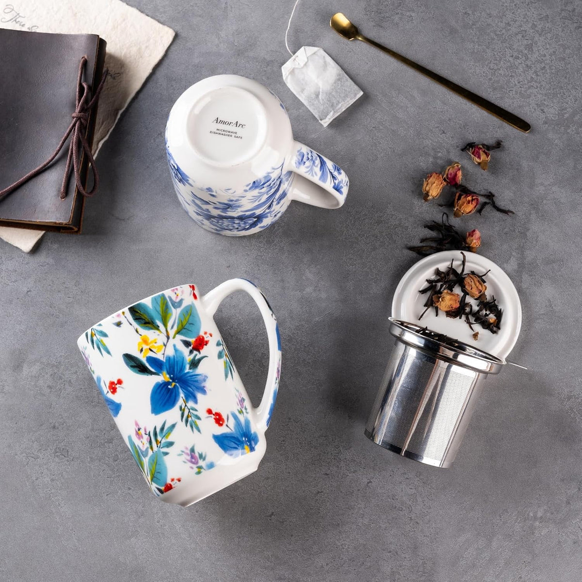 AmorArc Porcelain Tea Mug with Infuser and Lids, 18 Oz Cup Strainer Bag Holder for Loose Leaf Tea, Steeping Coffee Well-wrapped Box House-warming Wedding Birthday Gift, YelloRed