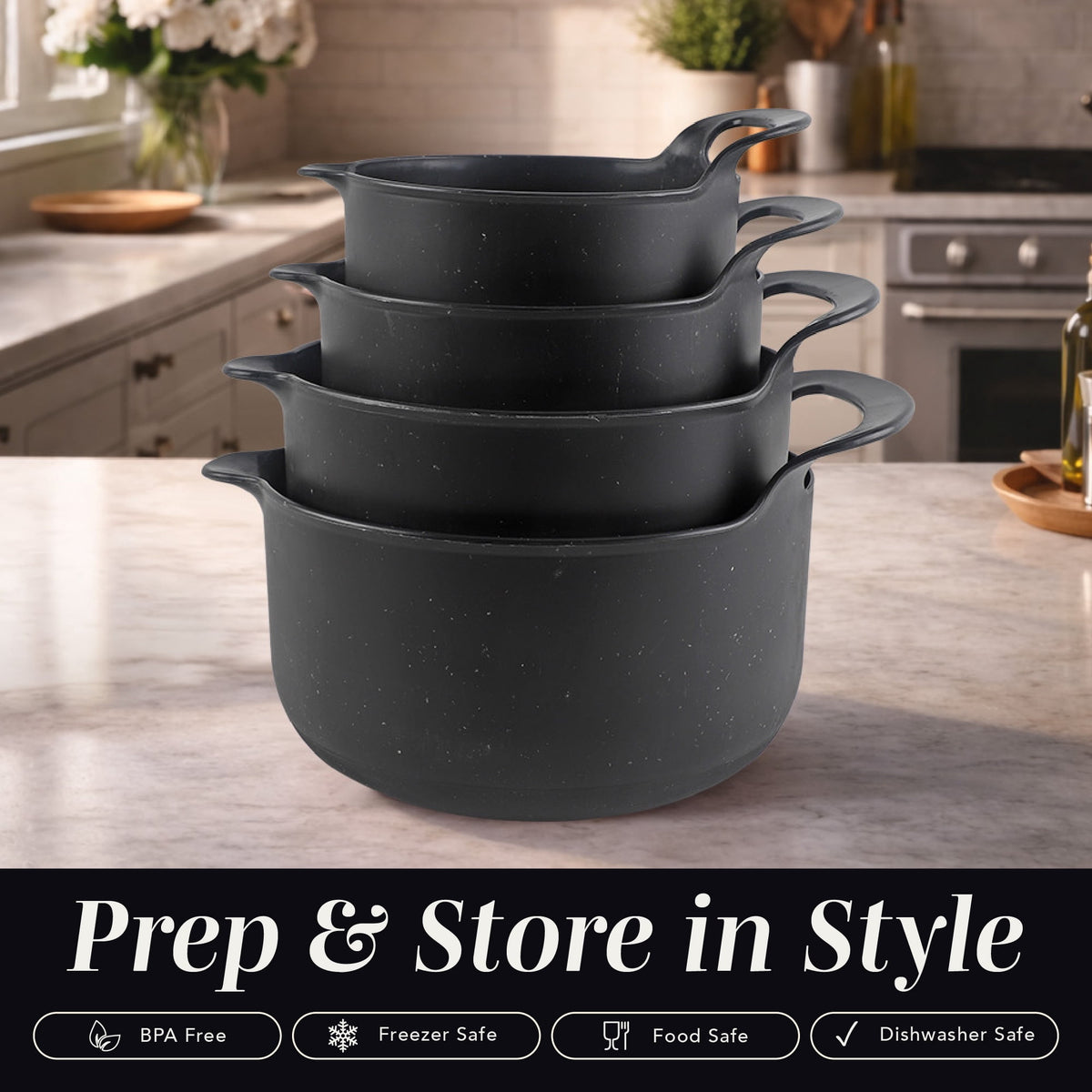 COOK WITH COLOR Mixing Bowls Set, 4-Piece Non-Slip Mixing Bowls with Pour Spouts & Handles, Black Speckled