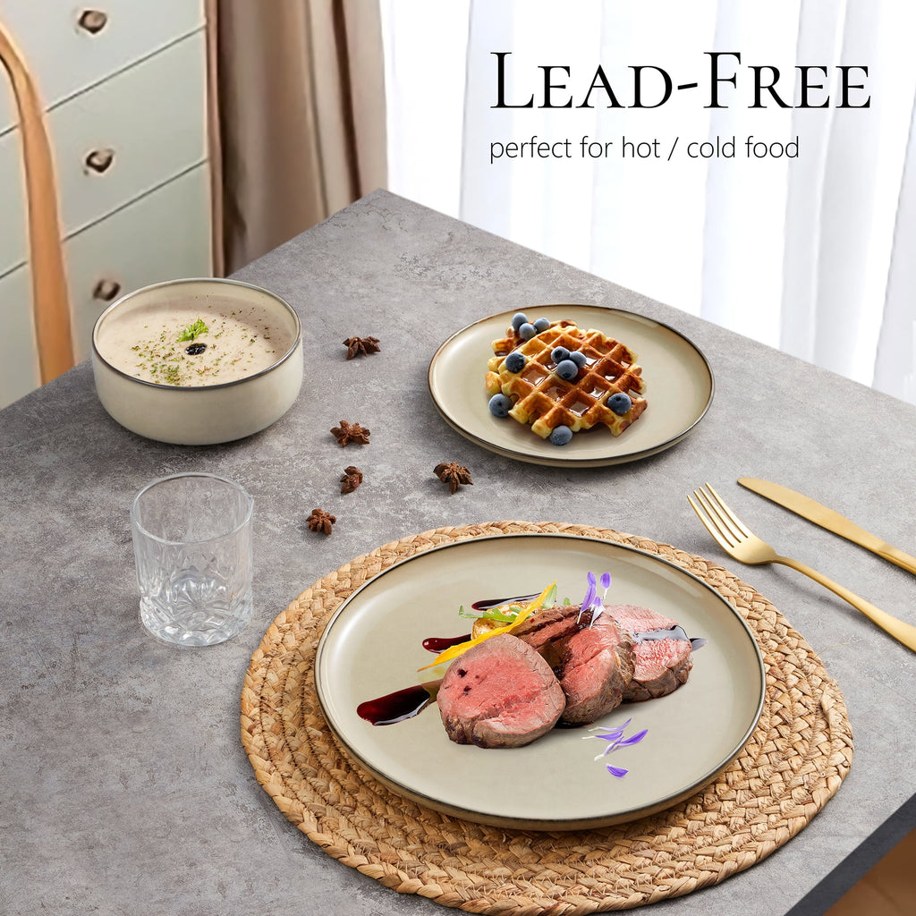 Vesteel Dinnerware Sets for 4, 12-Piece Stoneware Dish and Bowls Set, Handmade Reactive Glaze Coupe Plates Set for Family, Chip & Scratch Resistant - Matte Black