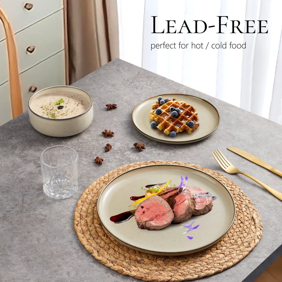 Vesteel Dinnerware Sets for 4, 12-Piece Stoneware Dish and Bowls Set, Handmade Reactive Glaze Coupe Plates Set for Family, Chip & Scratch Resistant - Matte Black