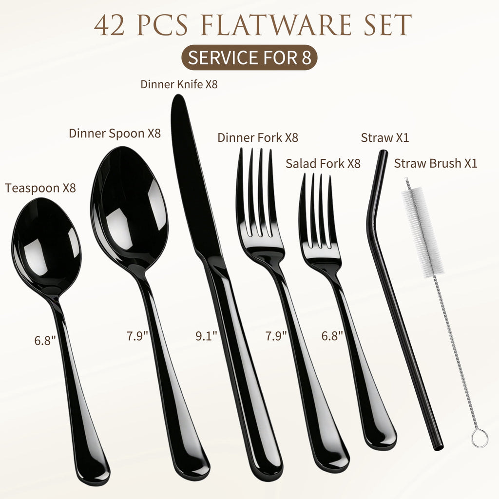 Kikcoin 42 Pcs Silverware Set for 8, Stainless Steel Flatware Set, Mirror-Polished Spoons, Forks and Knife Set, Cutlery Utensils Set for Kitchen, Wedding and Restaurant, Black
