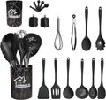 18PCS Silicone Cooking Utensils Set - 446°F Heat Resistant Kitchen Utensils,Turner Tongs,Spatula,Spoon,Brush,Whisk,Kitchen Utensil Gadgets Tools Set for Nonstick Cookware,Dishwasher Safe - Black