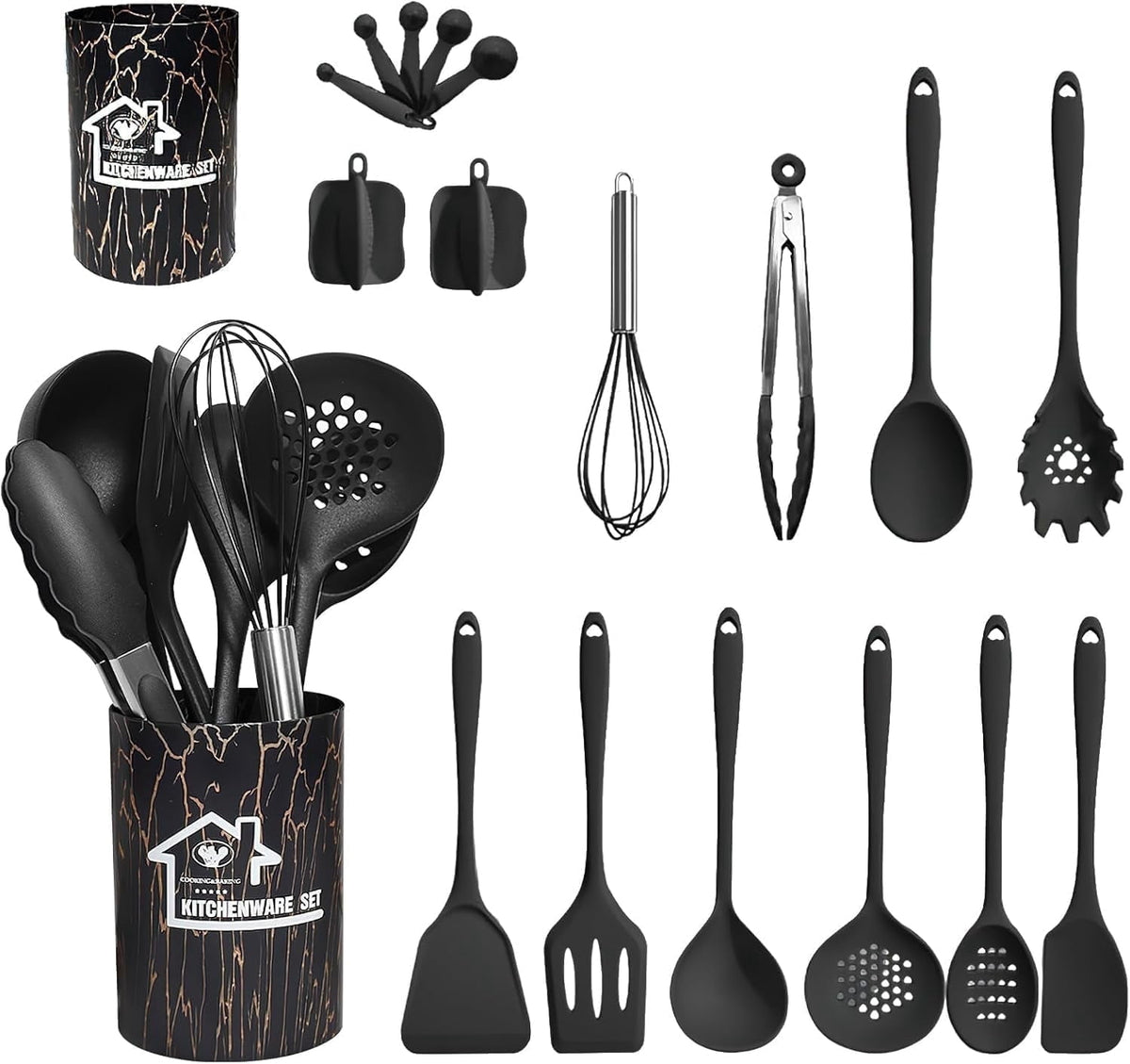 18PCS Silicone Cooking Utensils Set - 446°F Heat Resistant Kitchen Utensils,Turner Tongs,Spatula,Spoon,Brush,Whisk,Kitchen Utensil Gadgets Tools Set for Nonstick Cookware,Dishwasher Safe - Black
