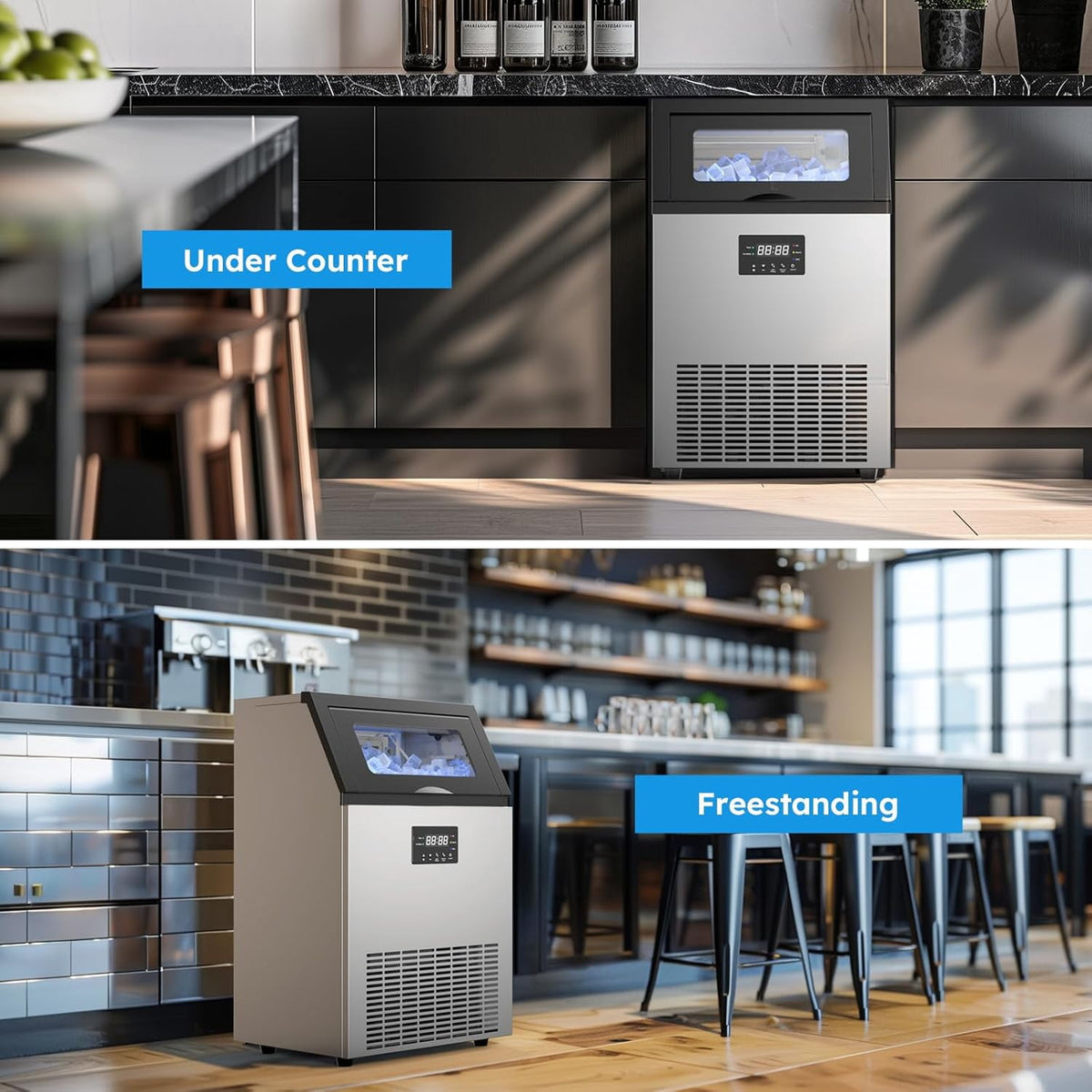 Ecojoy Commercial Ice Maker Machine 200Lbs/24H, 50Lbs Storage Bin, Freestanding & Under Counter Ice Maker | 55 Ice Cubes in 5-15 min | Thicknesses Adjustable | Commercial Ice Machine, Stainless Steel