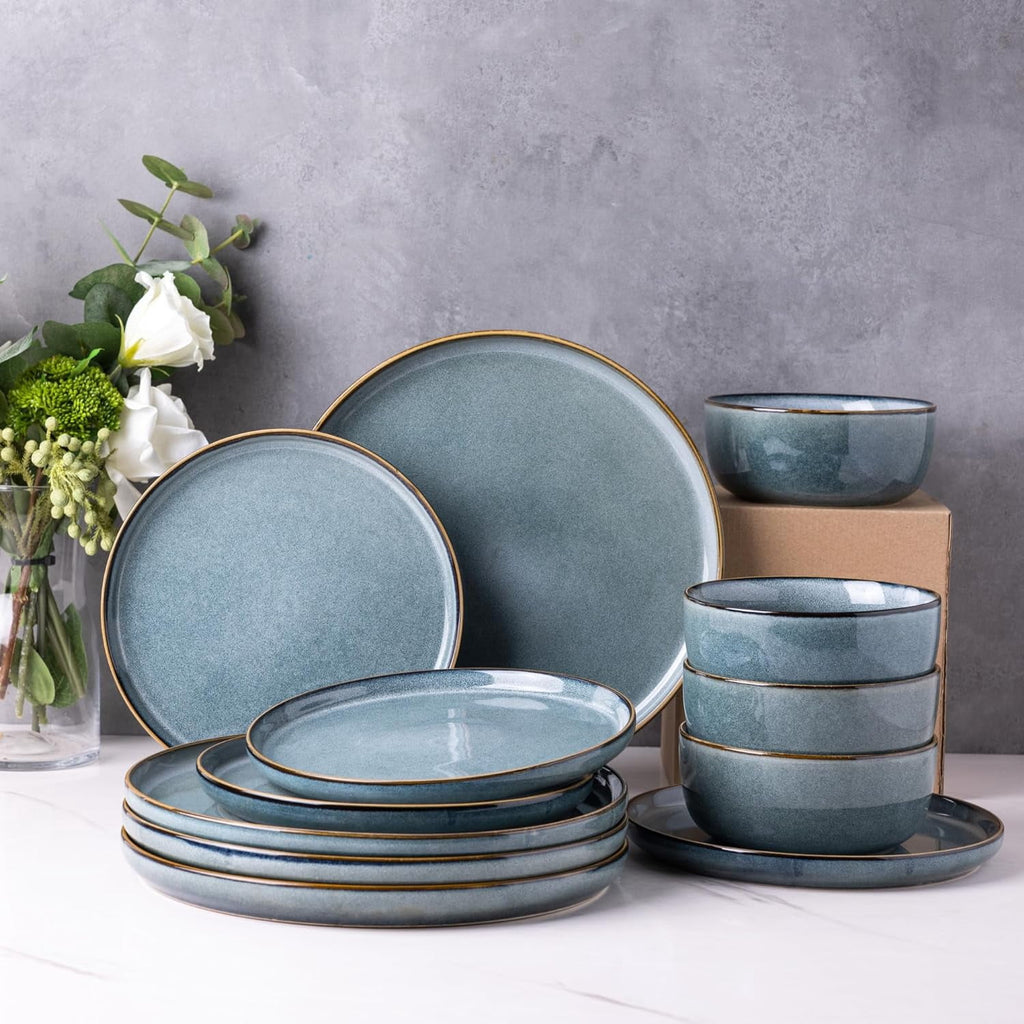 AmorArc Ceramic Dinnerware Sets for 4, 12 Pieces Stoneware Plates and Bowls Sets, Reactive Glaze Dishes -Scratch Resistant, Dishwasher&Microwave Safe, Space Blue (Service for 4)