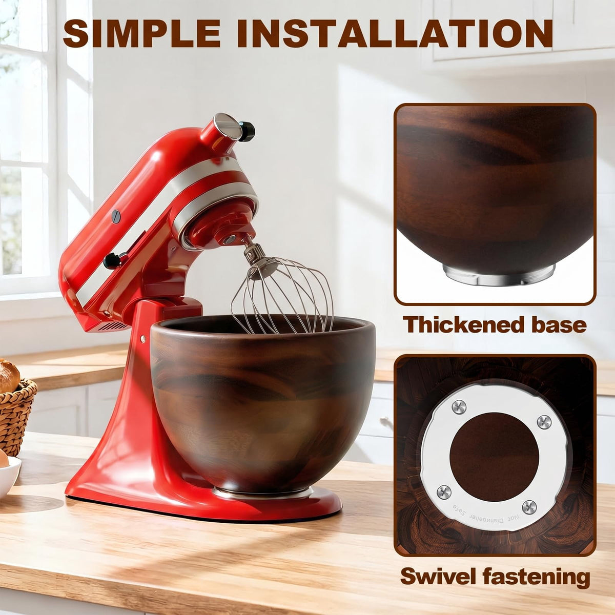 GVODE Premium Natural True Wooden Mixing Bowl Attachment for KitchenAid 4.5-5 Qt Tilt-Head Stand Mixers with Stainless Steel Base