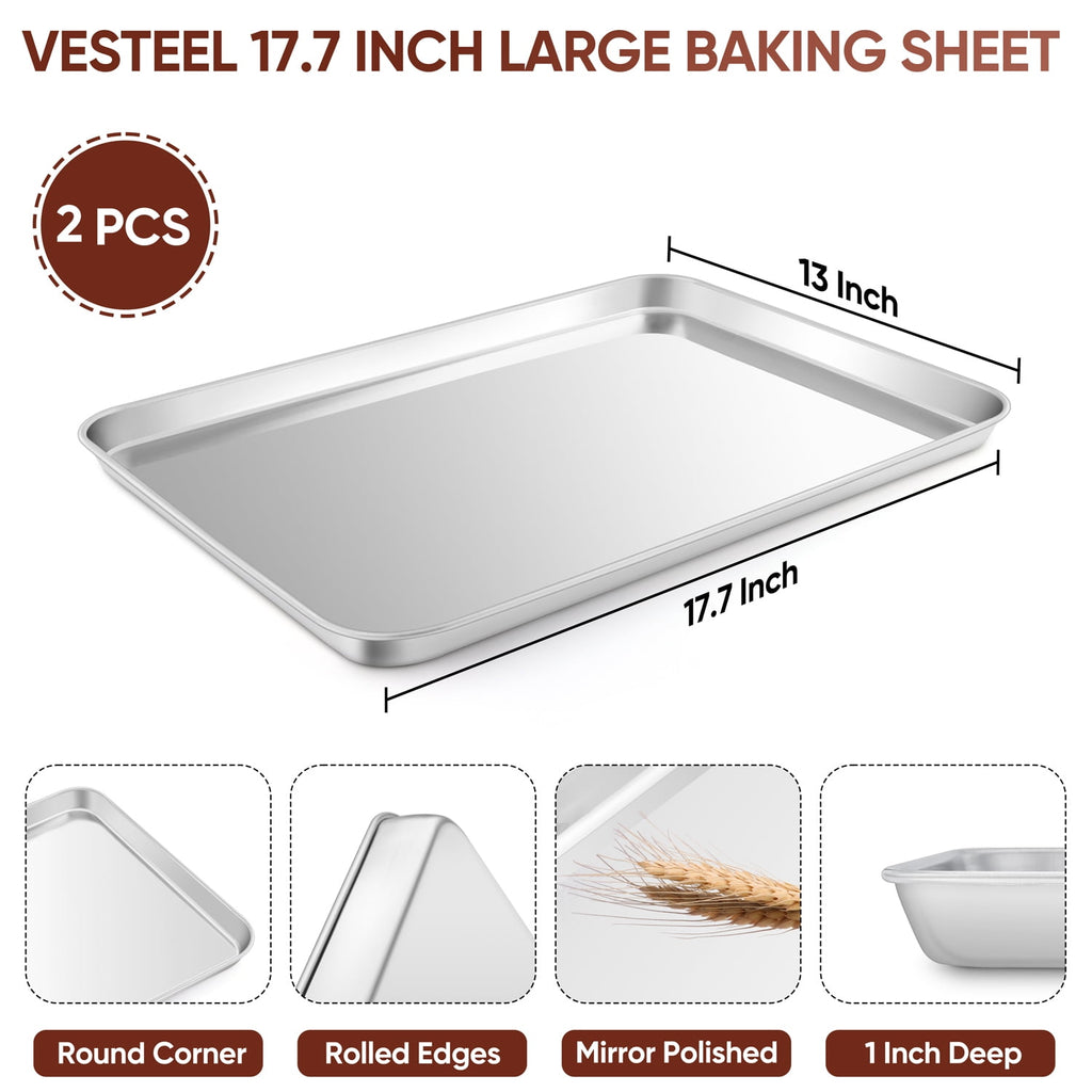 Vesteel 20" x 14" x 1" Extra Large Baking Sheet Set of 2, Heavy Duty Stainless Steel Cookie Sheet Baking Pan for Oven, Non-Stick & Dishwasher Safe