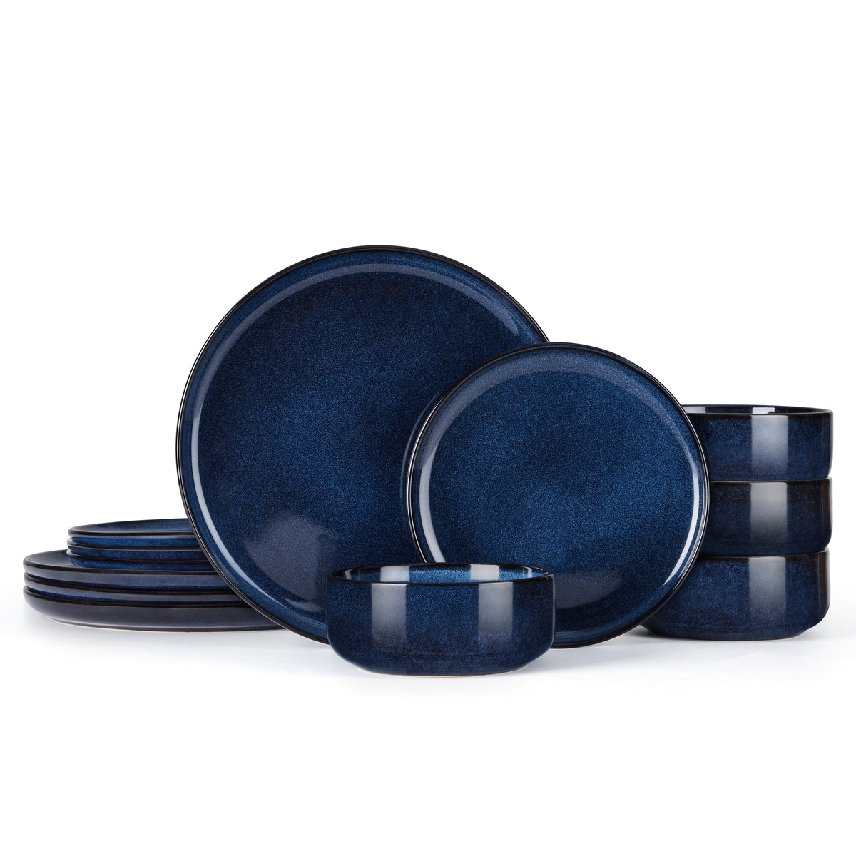 Vesteel Dinnerware Sets for 4, 12-Piece Stoneware Dish and Bowls Set, Handmade Reactive Glaze Coupe Plates Set for Family, Chip & Scratch Resistant - Matte Black